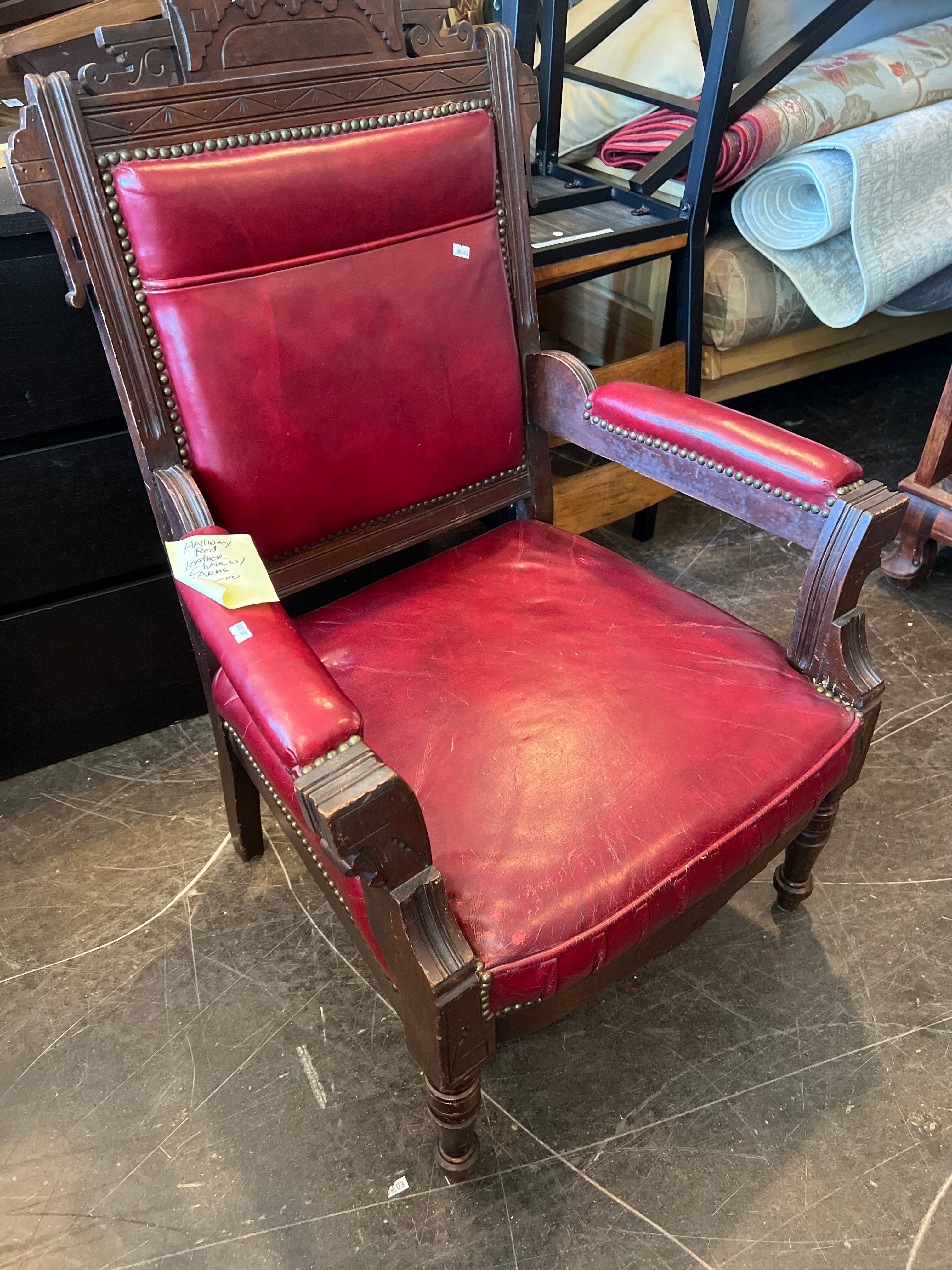 Antique Wood and Red Leather Accent Chair