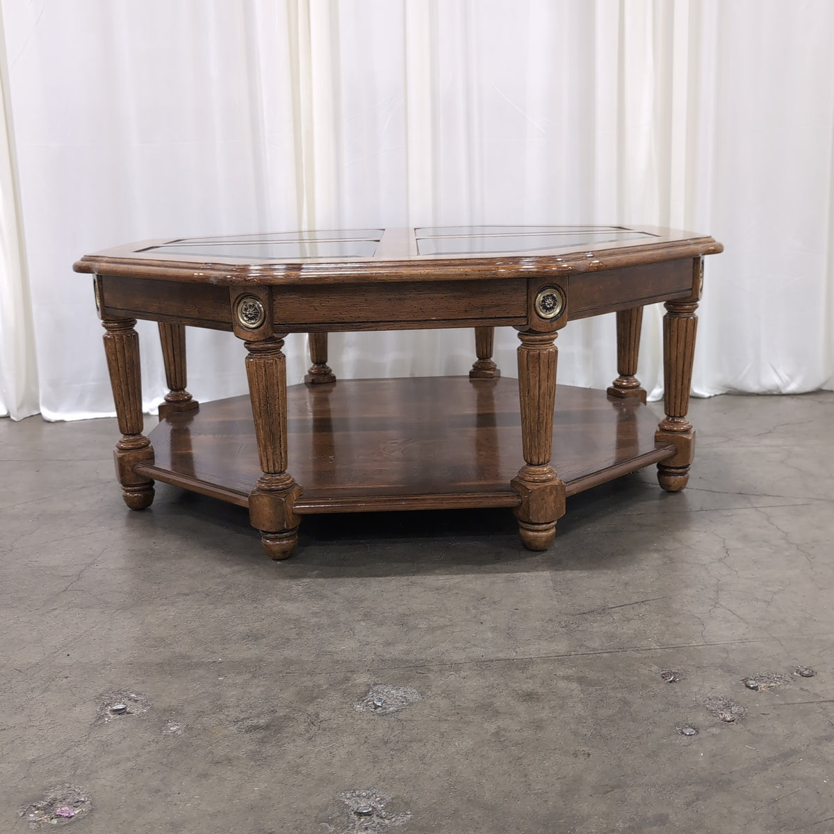 Traditional Octagonal Wood Coffee Table with Glass Top