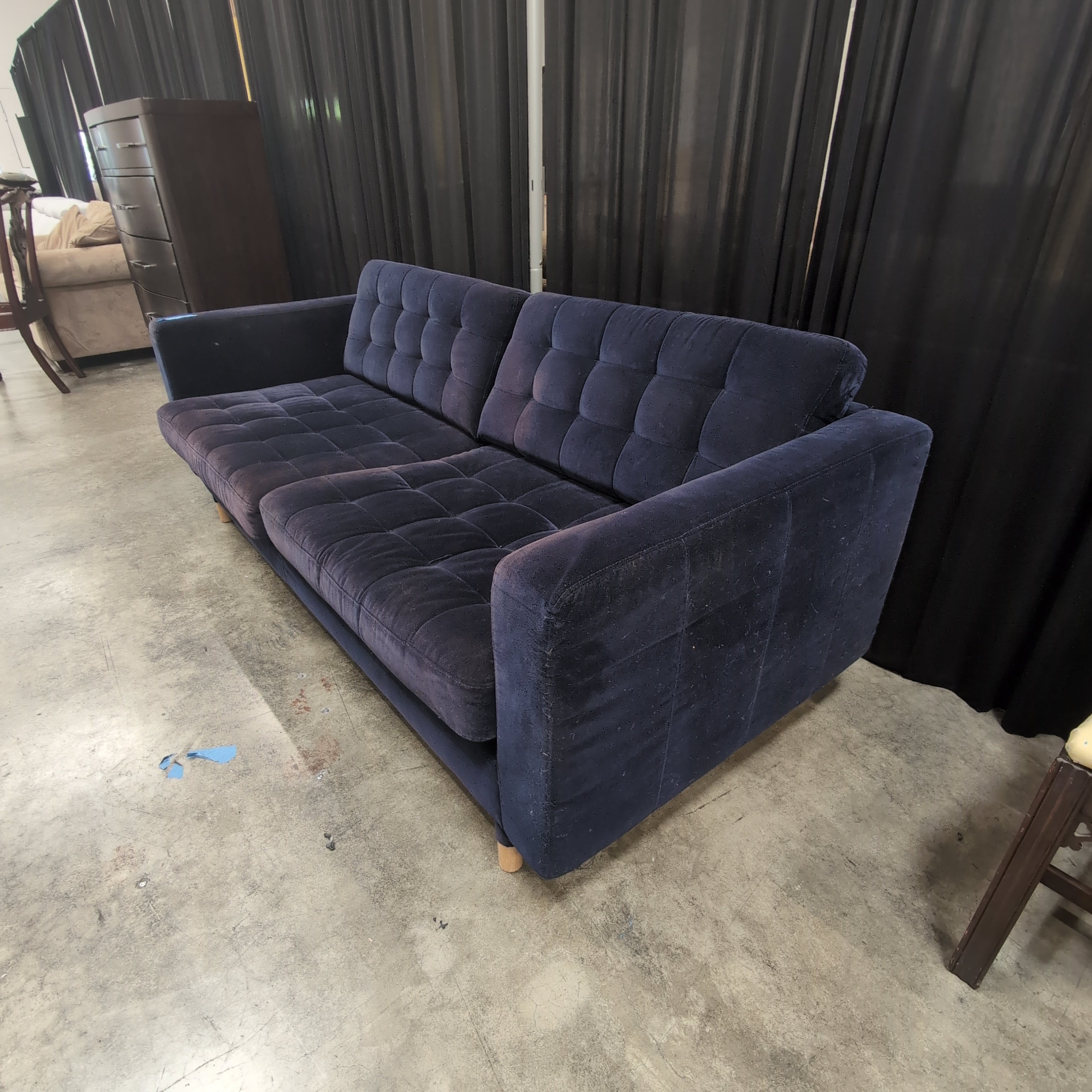 Dark Blue Tufted Three-Seat Couch in Velvet