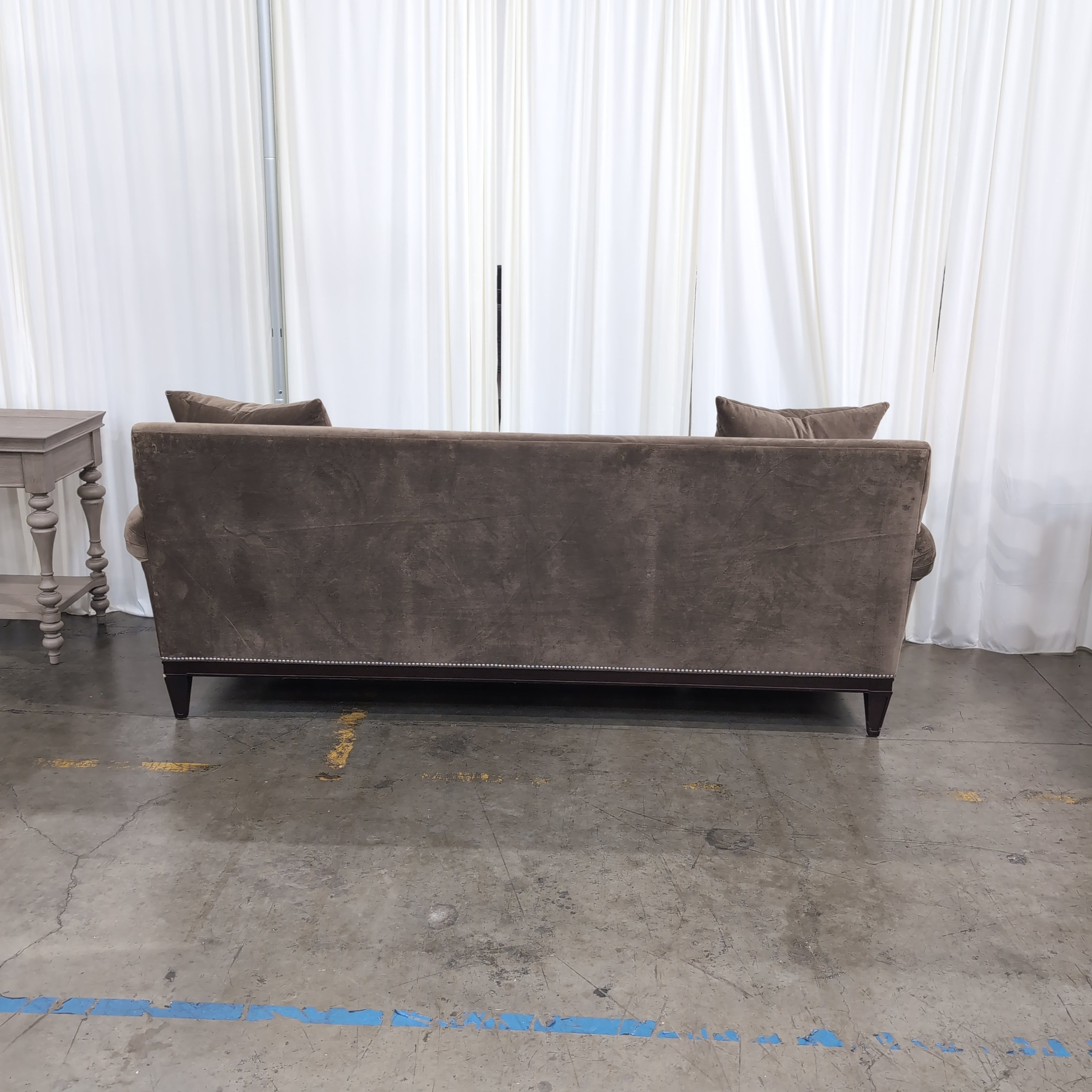 Taupe Fabric Two-Seat Couch with Nailhead Trim