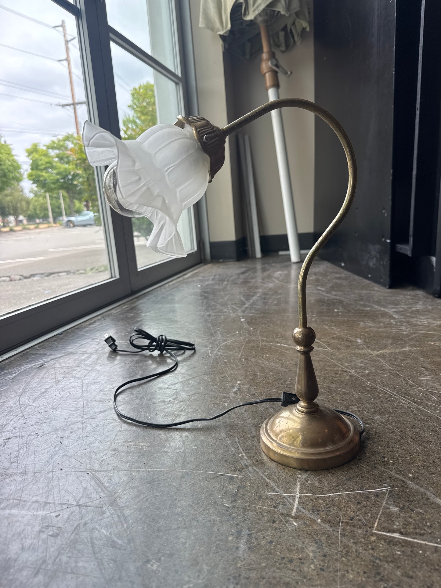 Vintage Brass Gooseneck Table Lamp with Frosted Glass Shade
