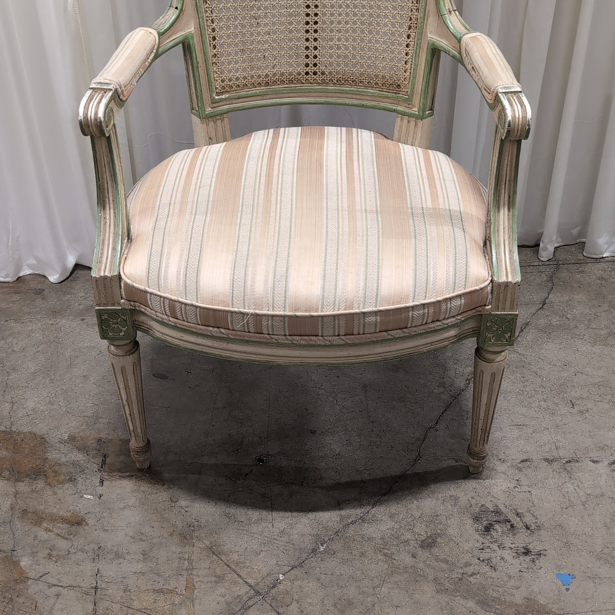 French Provincial Cane Back Accent Chair with Striped Upholstery