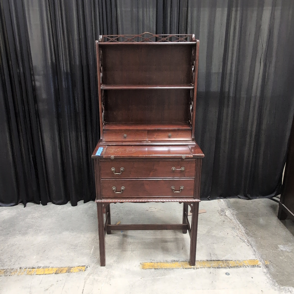 Traditional Dark Wood Drop-Front Desk with Fretwork Hutch