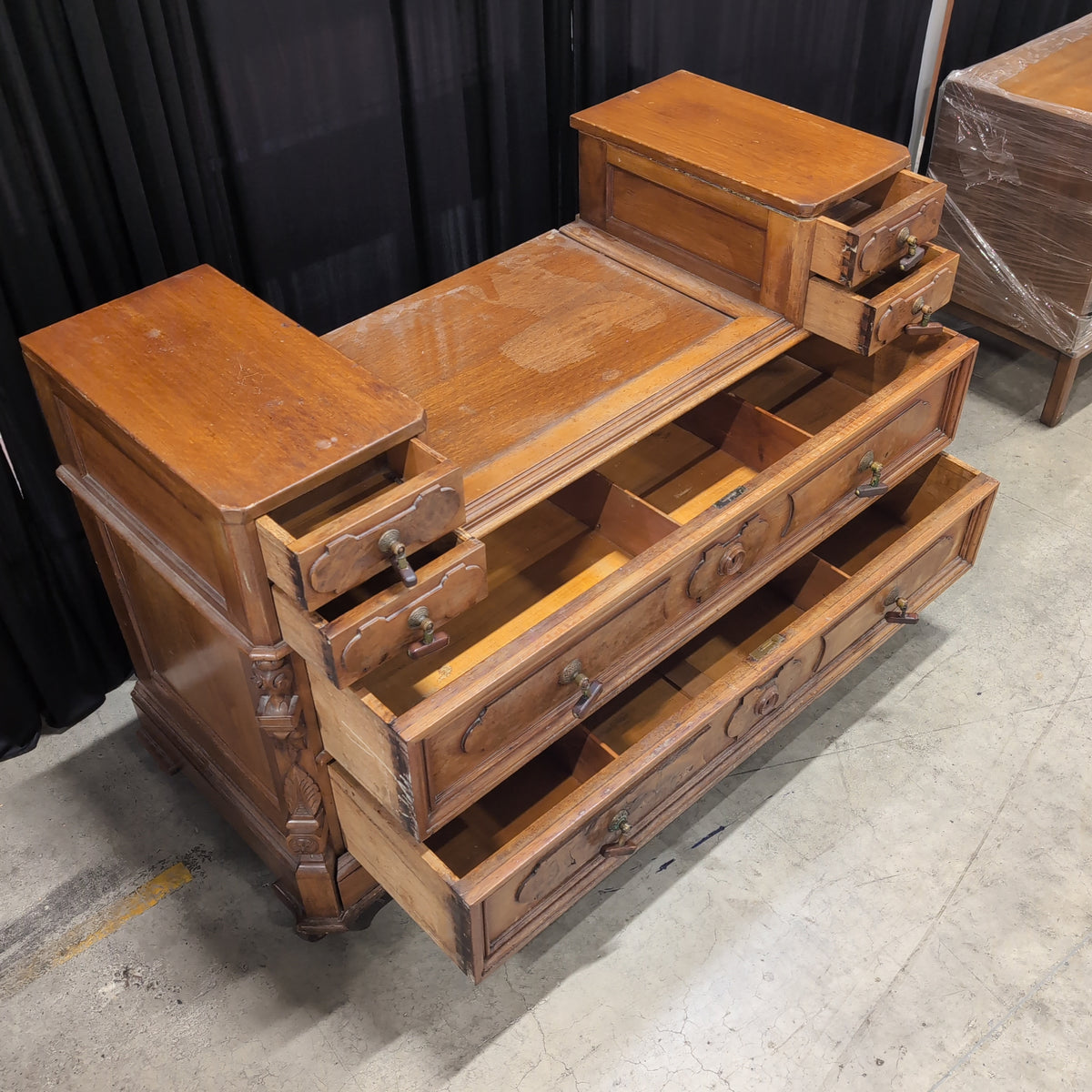 Traditional Carved Wood Vanity in Medium Brown