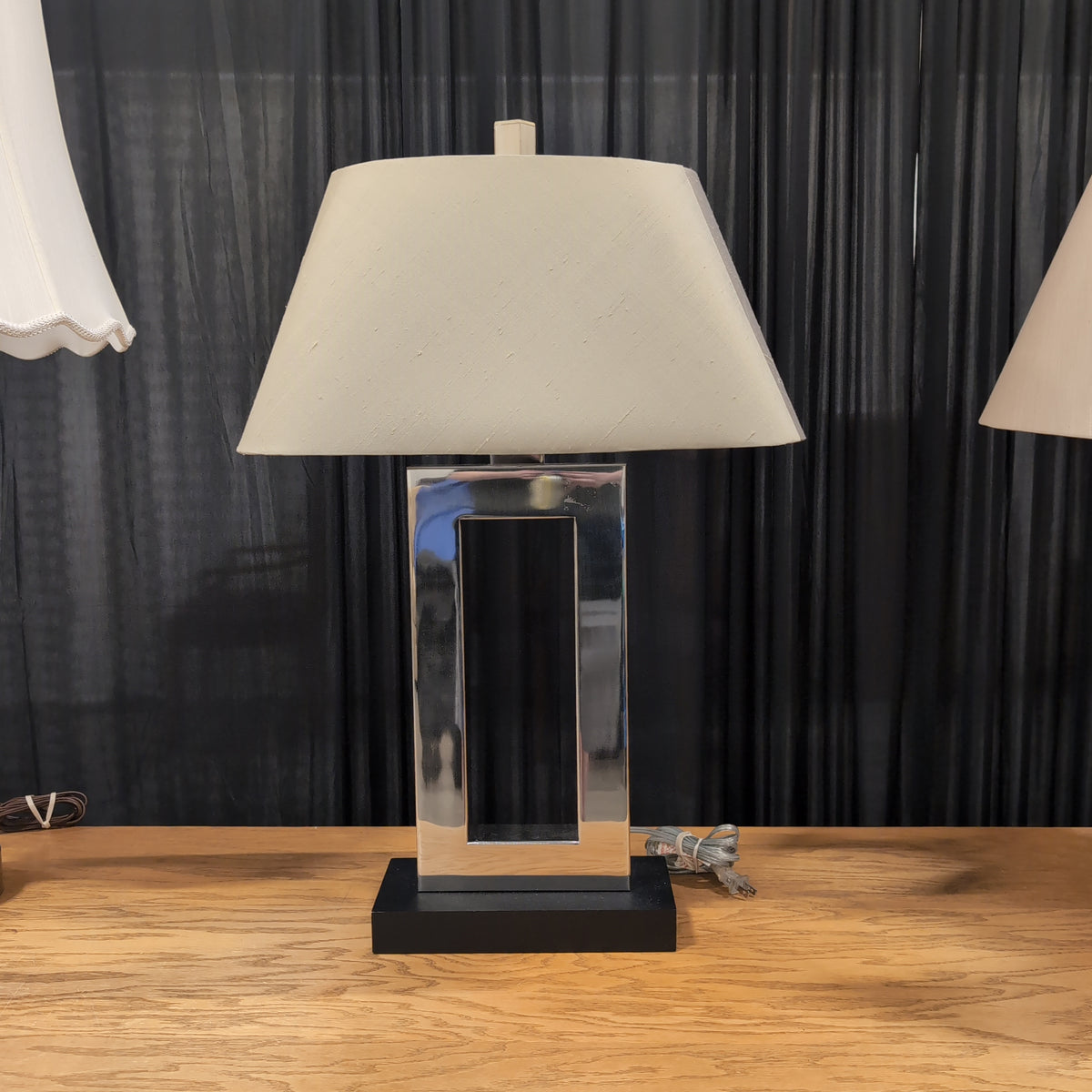Modern Chrome Table Lamp in Tan Fabric
