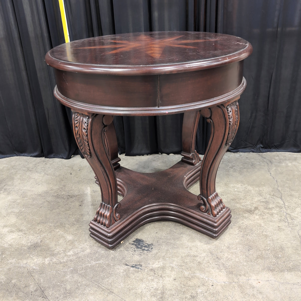 Dark Wood Round End Table with Starburst Inlay