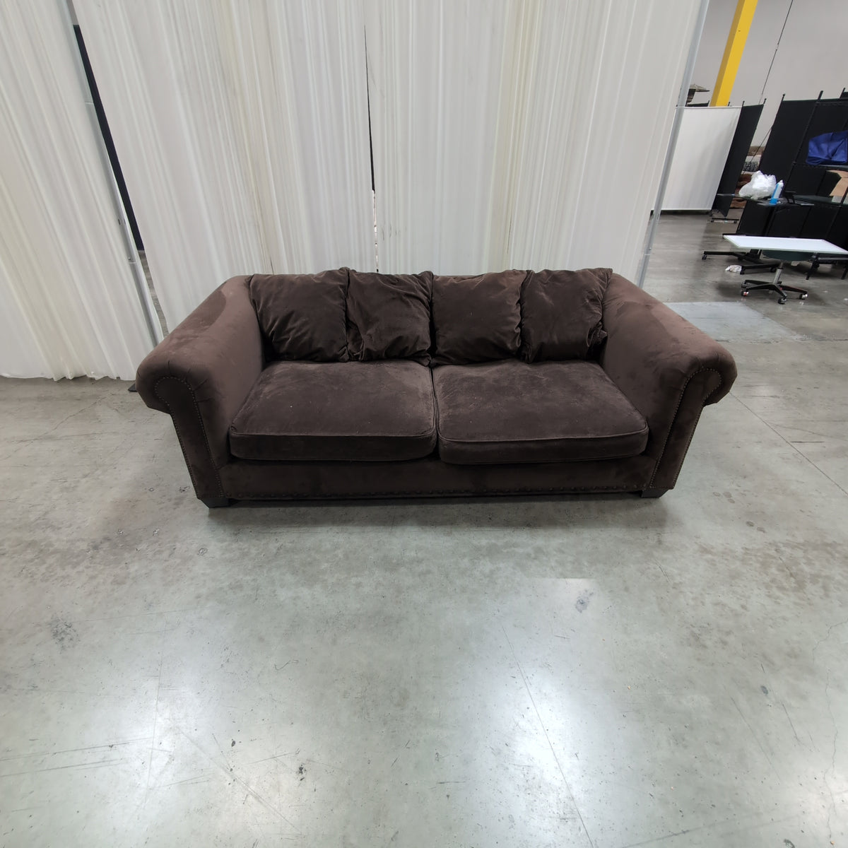 Dark Brown Plush Fabric Couch with Nailhead Trim