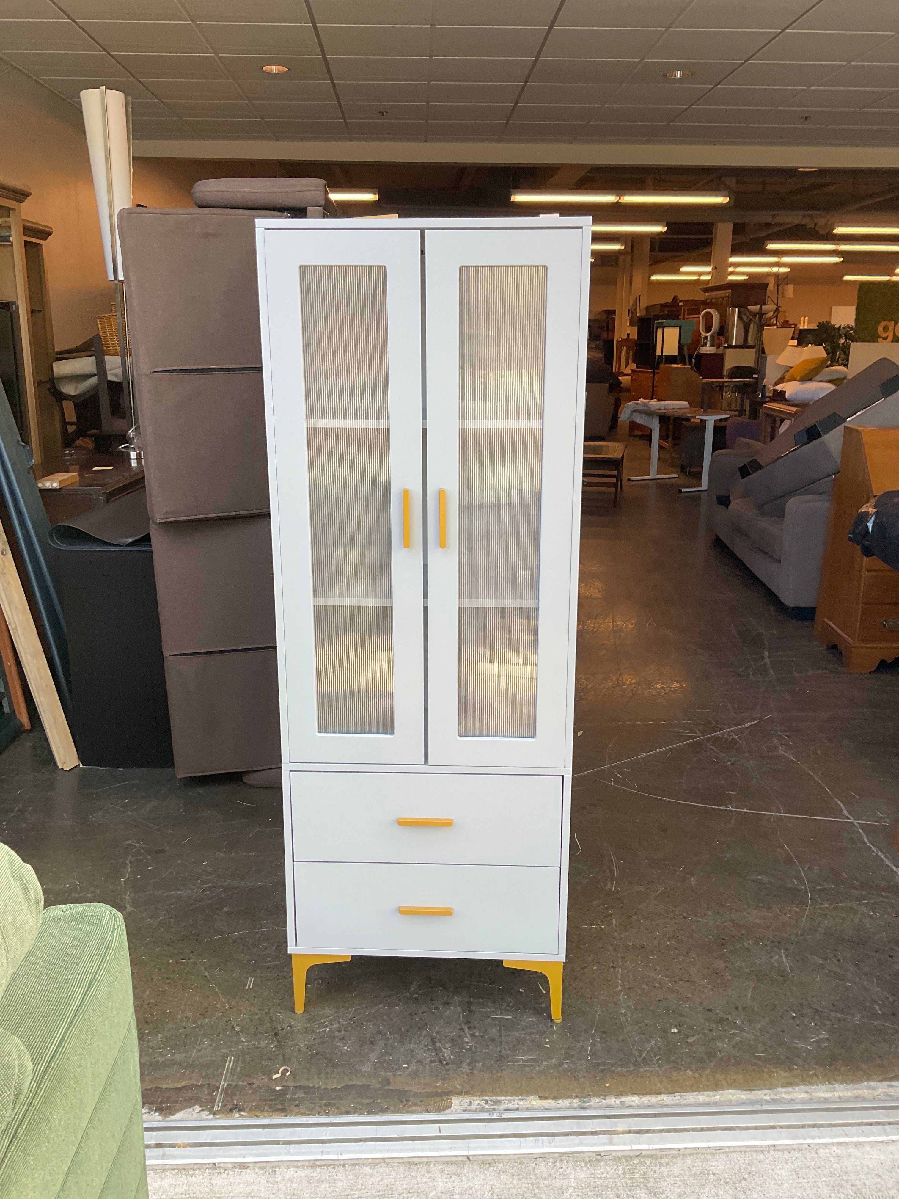 Modern Gray Display Cabinet with Gold Accents