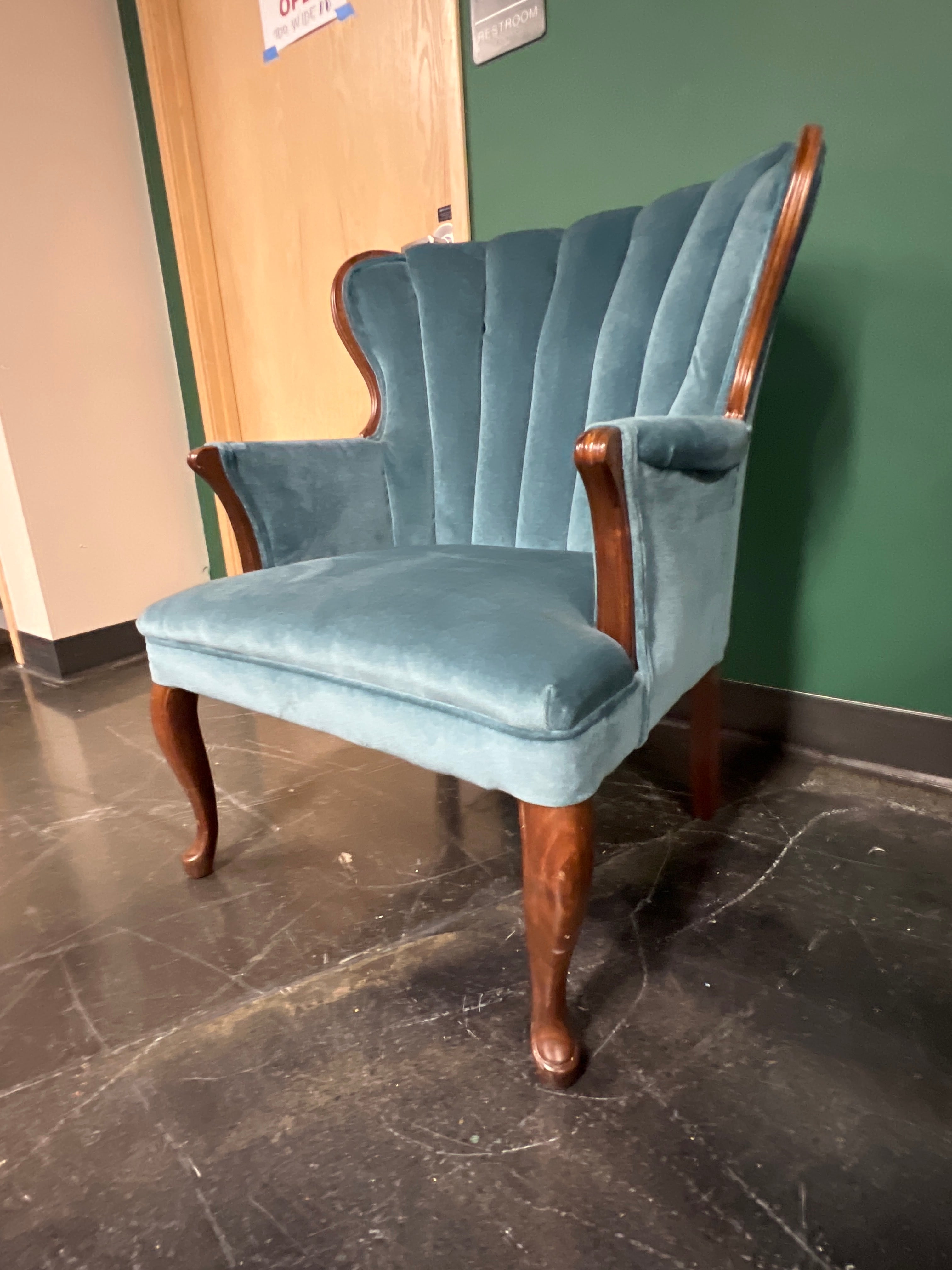 Blue Velvet Fan-Back Accent Chair with Carved Wood Frame