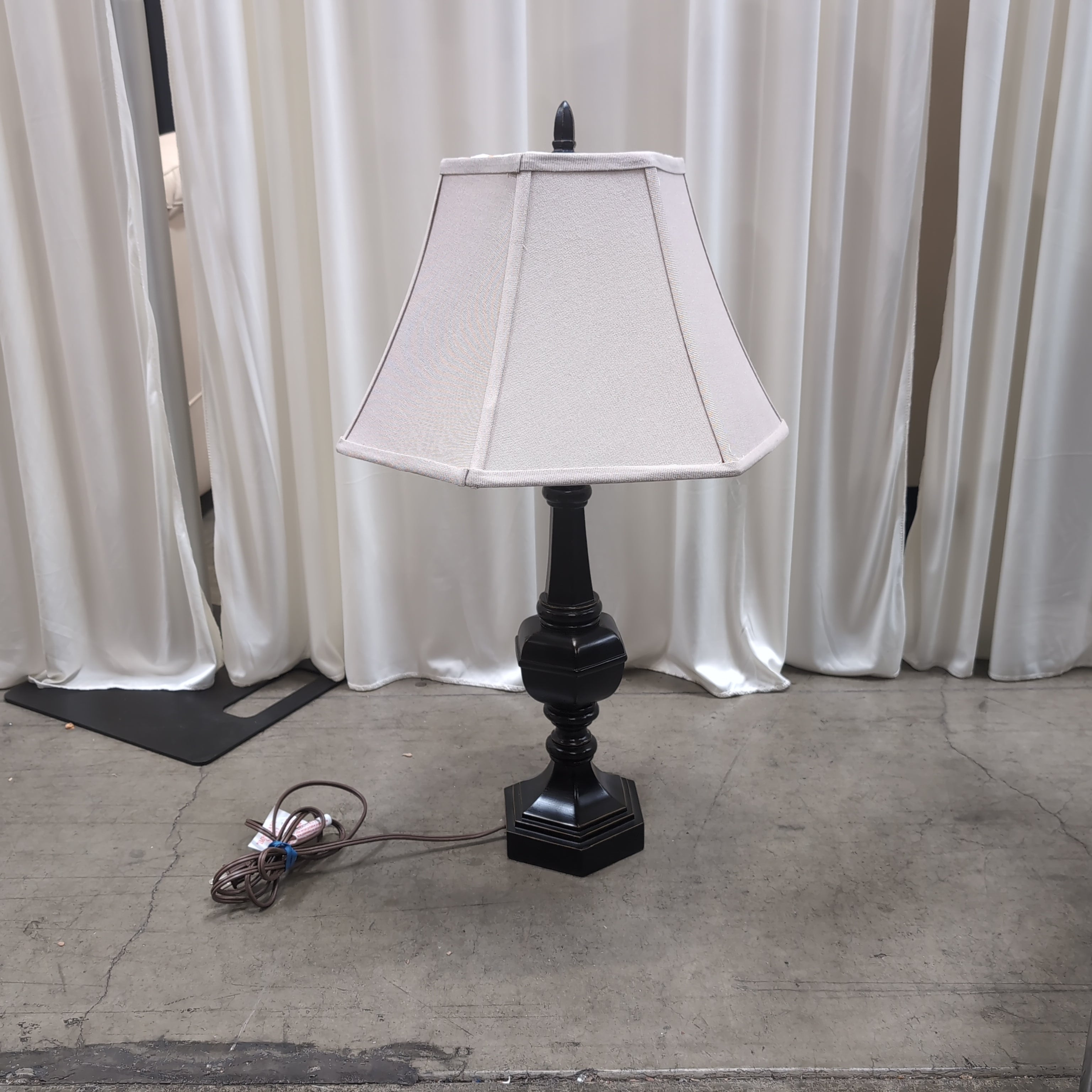 Traditional Black Wood Table Lamp with Beige Shade
