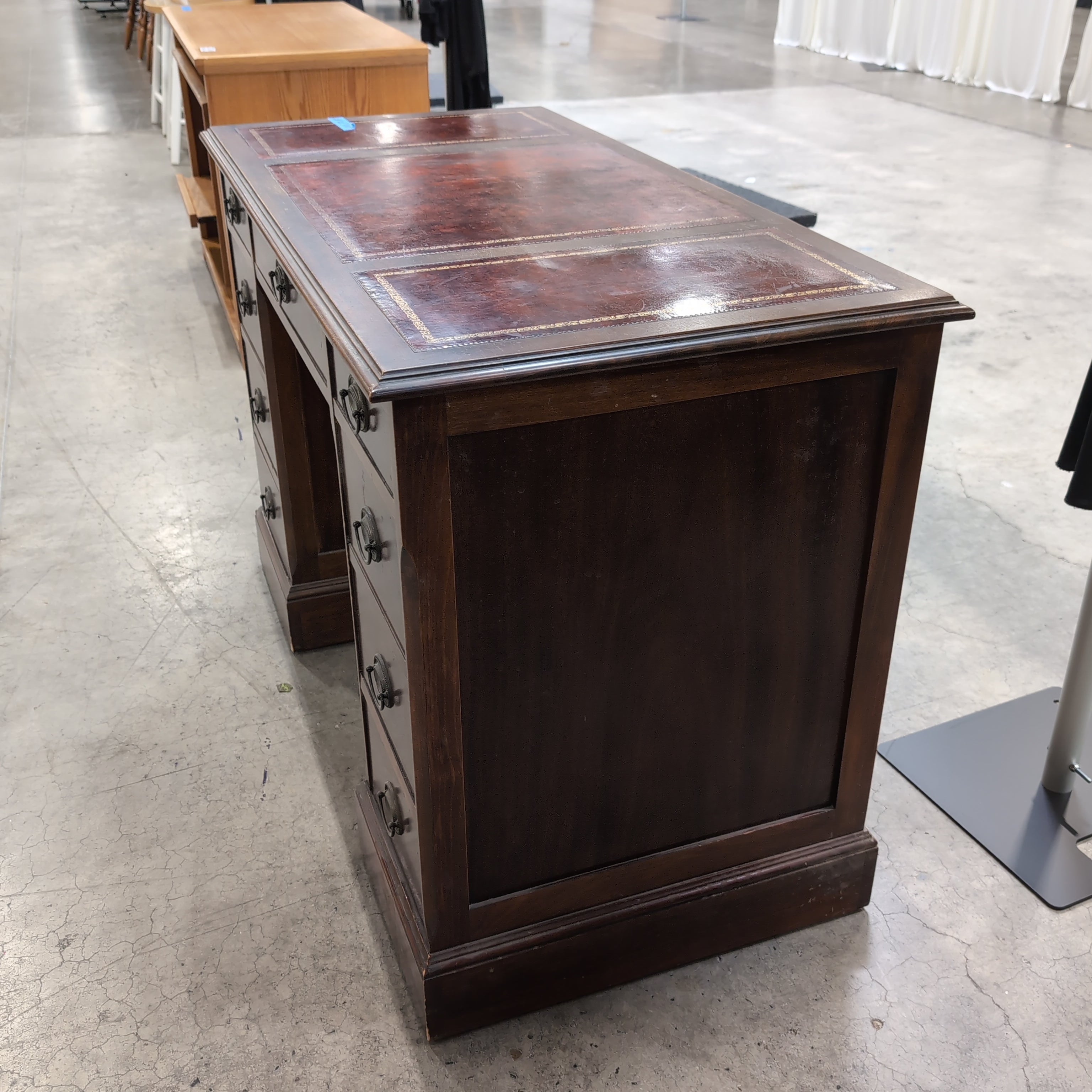 Traditional Dark Wood Pedestal Desk with Inlaid Top