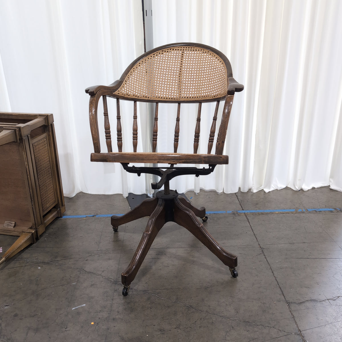 Traditional Dark Wood Cane Desk Chair with Swivel Base