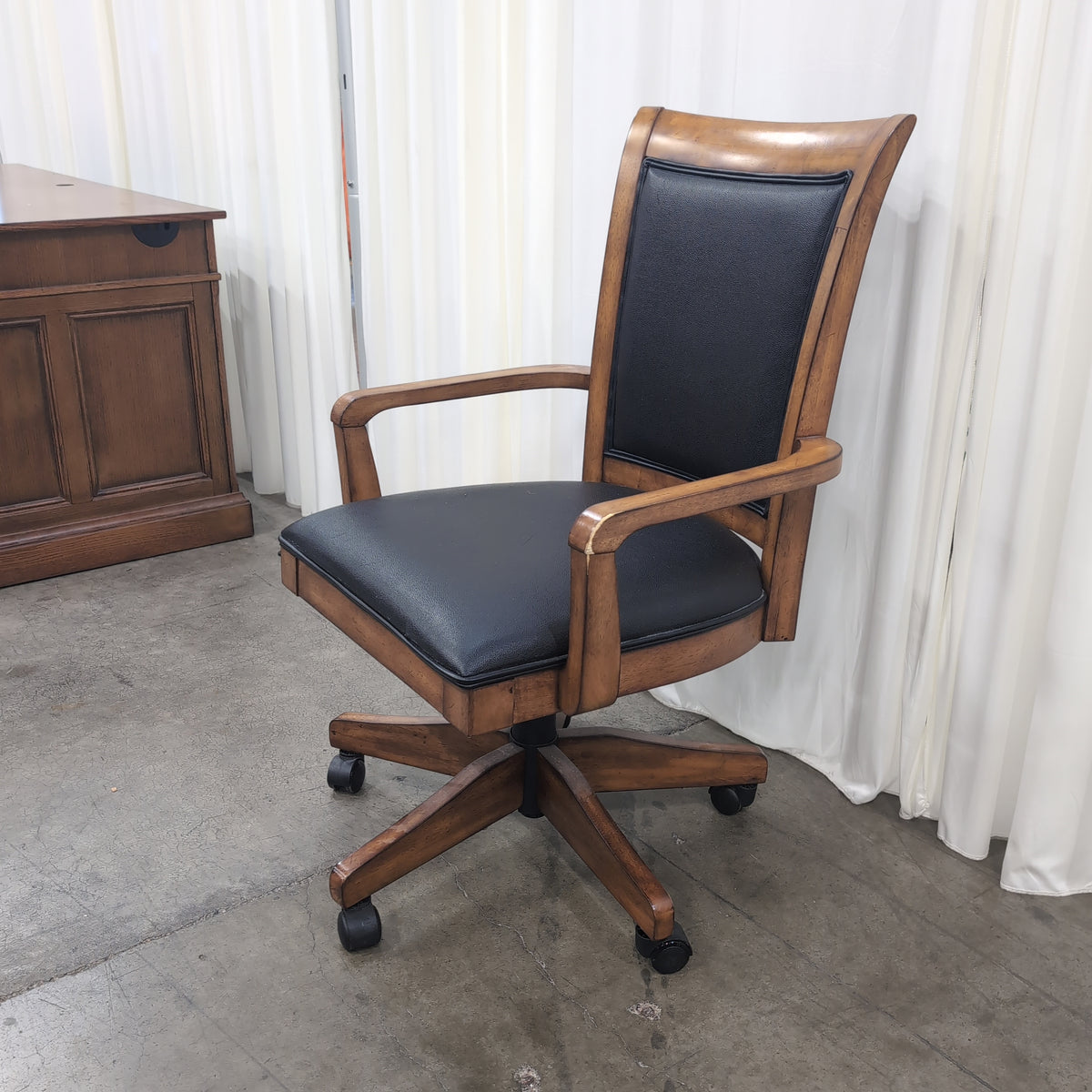 Mid-Century Style Wood Frame Armchair with Black Upholstery