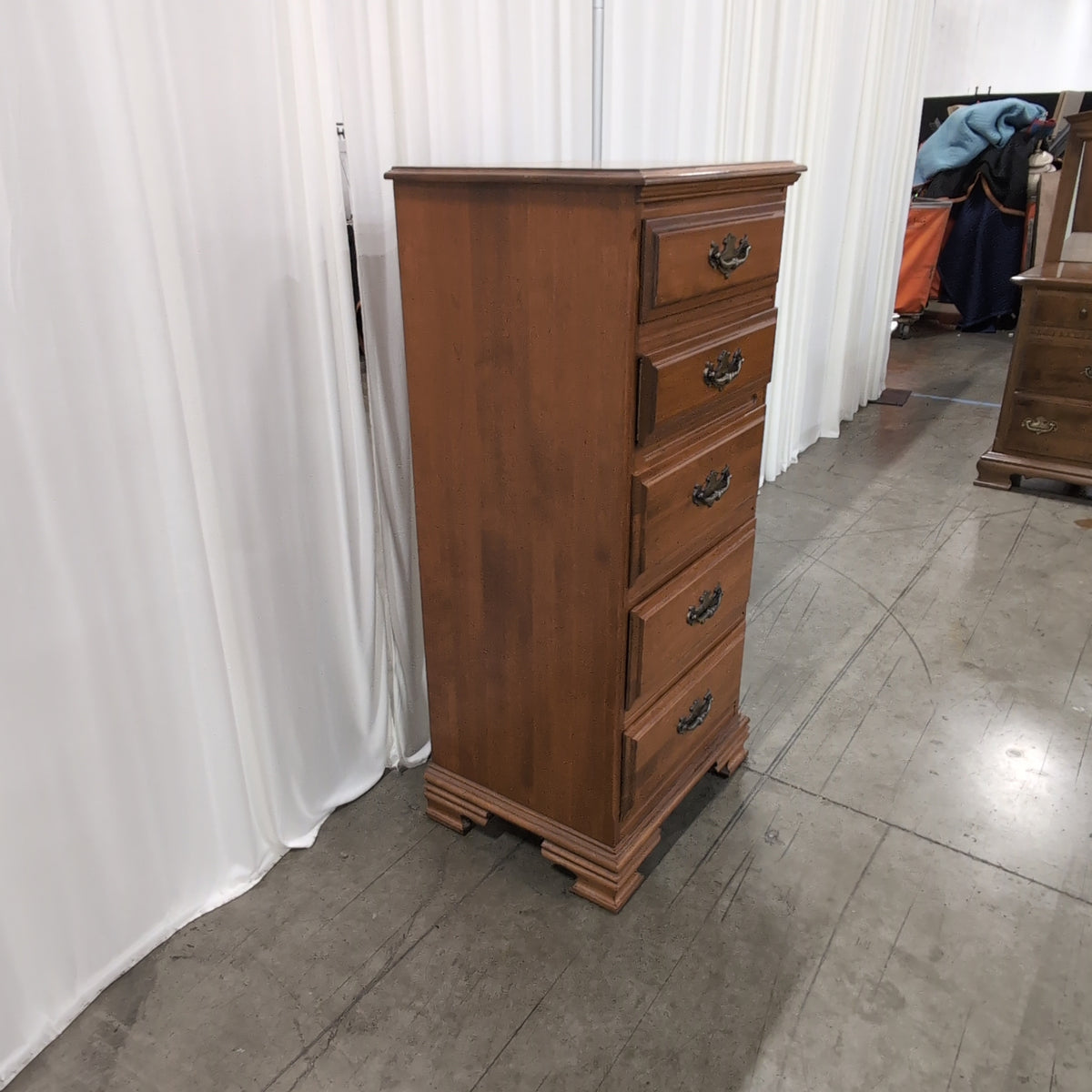 Cherry-Stained Wood Five-Drawer Dresser with Ornate Pulls