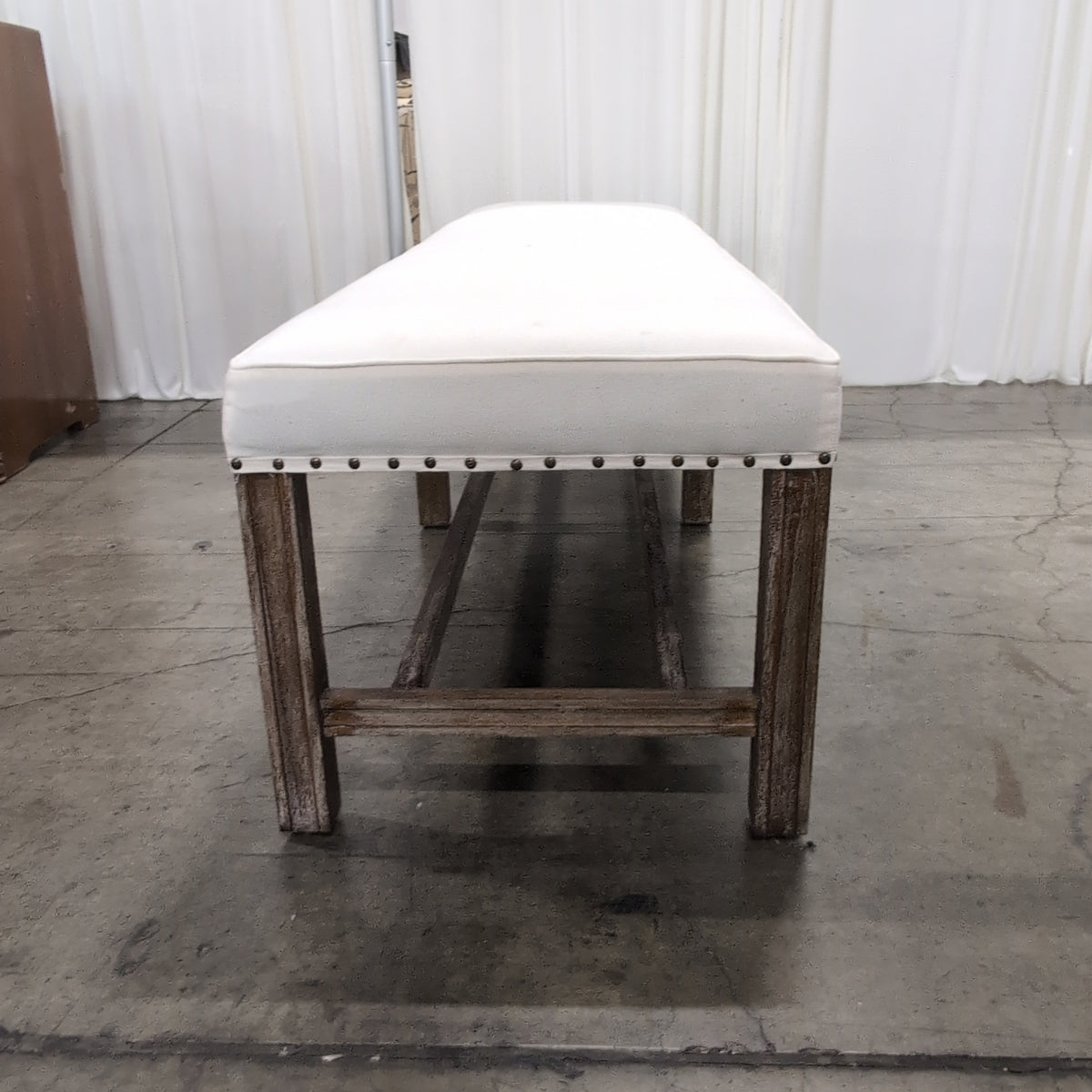 Cream Upholstered Wood Bench with Storage Shelves