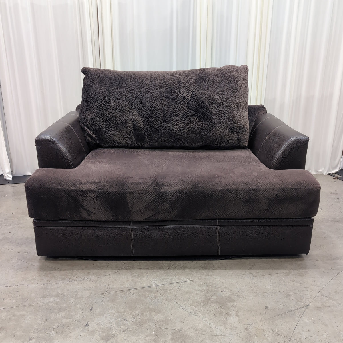 Contemporary Dark Brown Fabric Couch with Faux Leather Arms