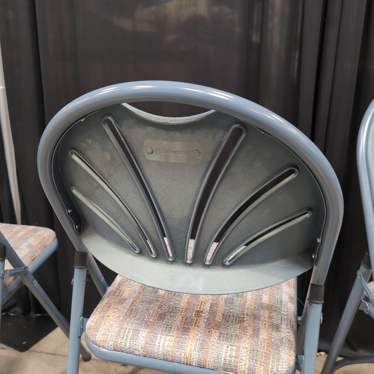 Set of Three Samsonite Blue Plastic Folding Chair with Slotted Back