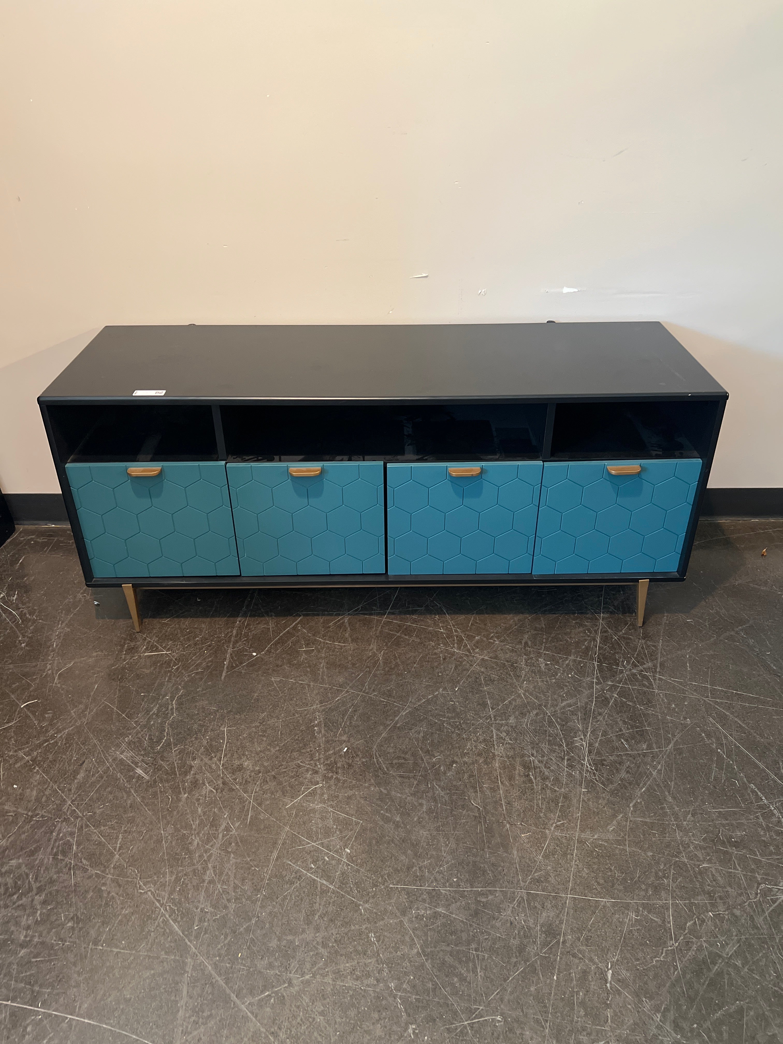 Modern Black Media Console with Hex Pattern Doors