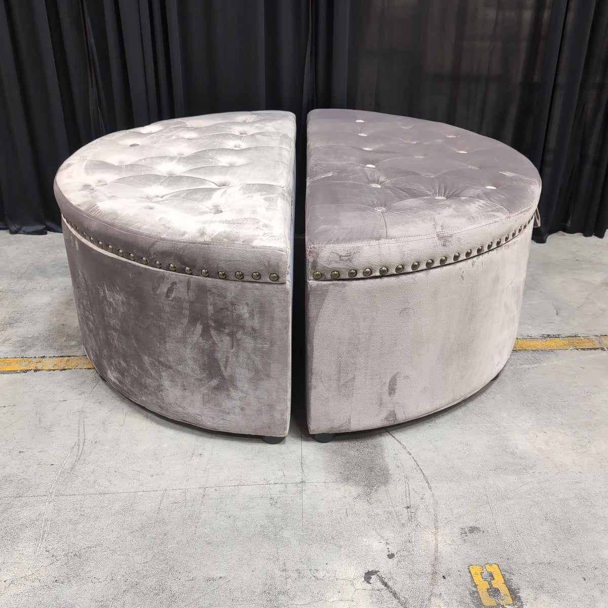 Tufted Velvet Half-Circle Ottoman with Nailhead Trim