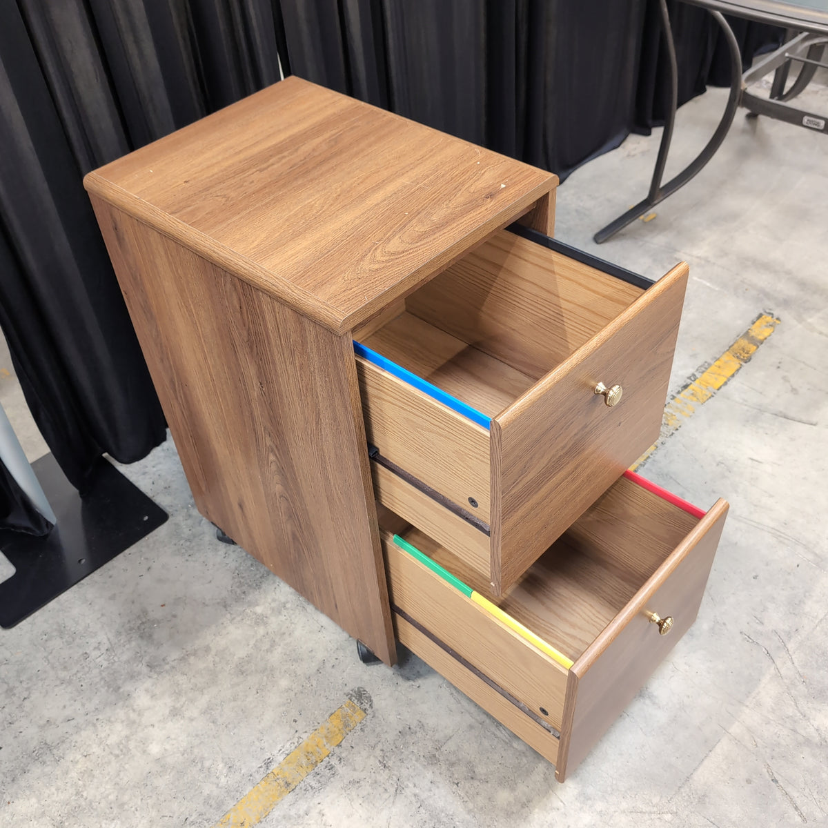 Brown Wood Grain Two-Drawer Nightstand with Casters