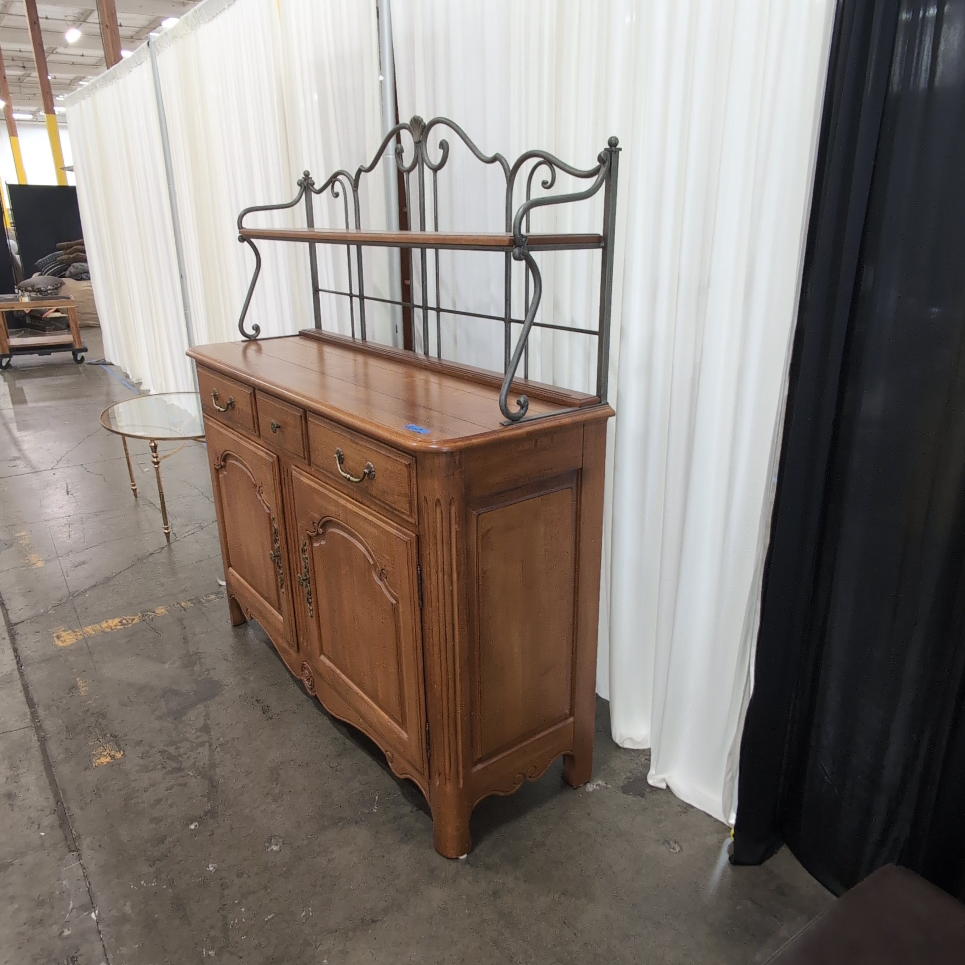 French Provincial Style Wood Buffet with Metal Hutch