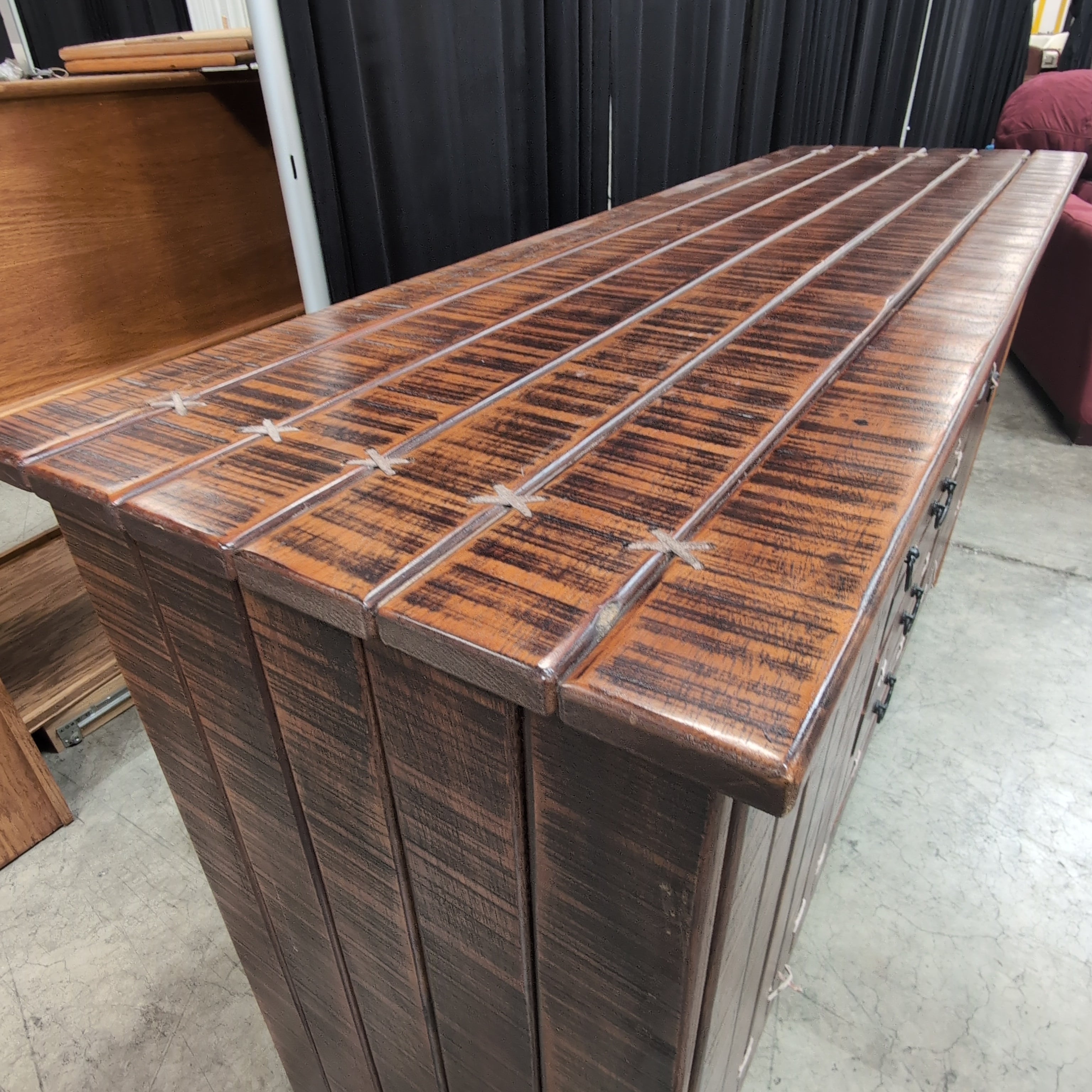 Rustic Dark Wood Buffet with X-Stitched Detail Doors