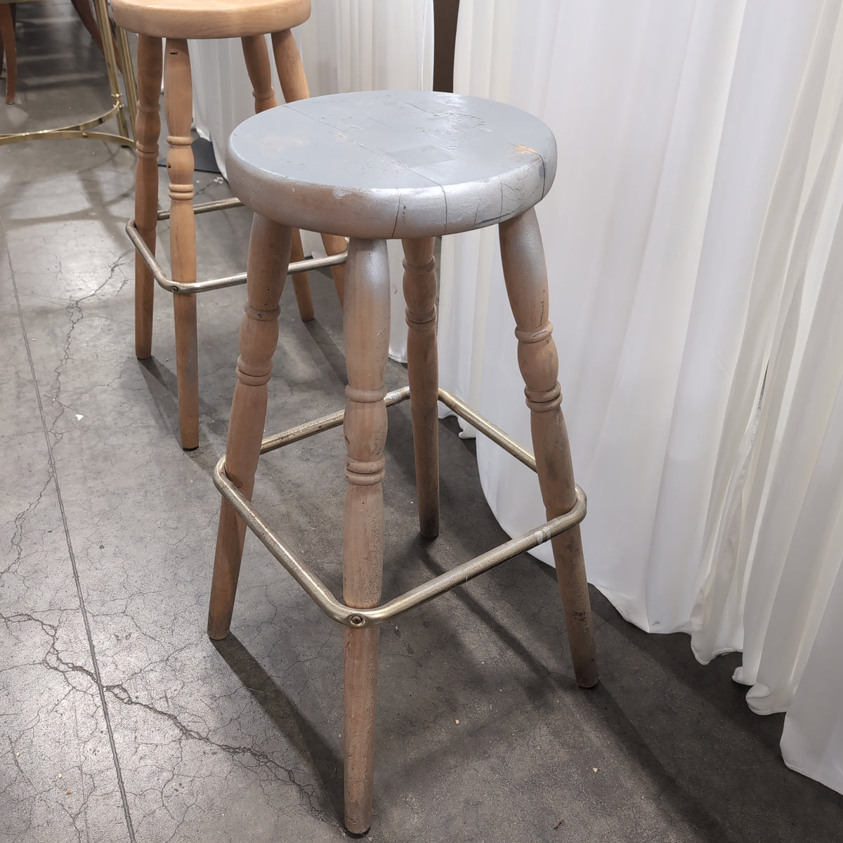 Silver Painted Round Top Wood Stool with Metal Footrest