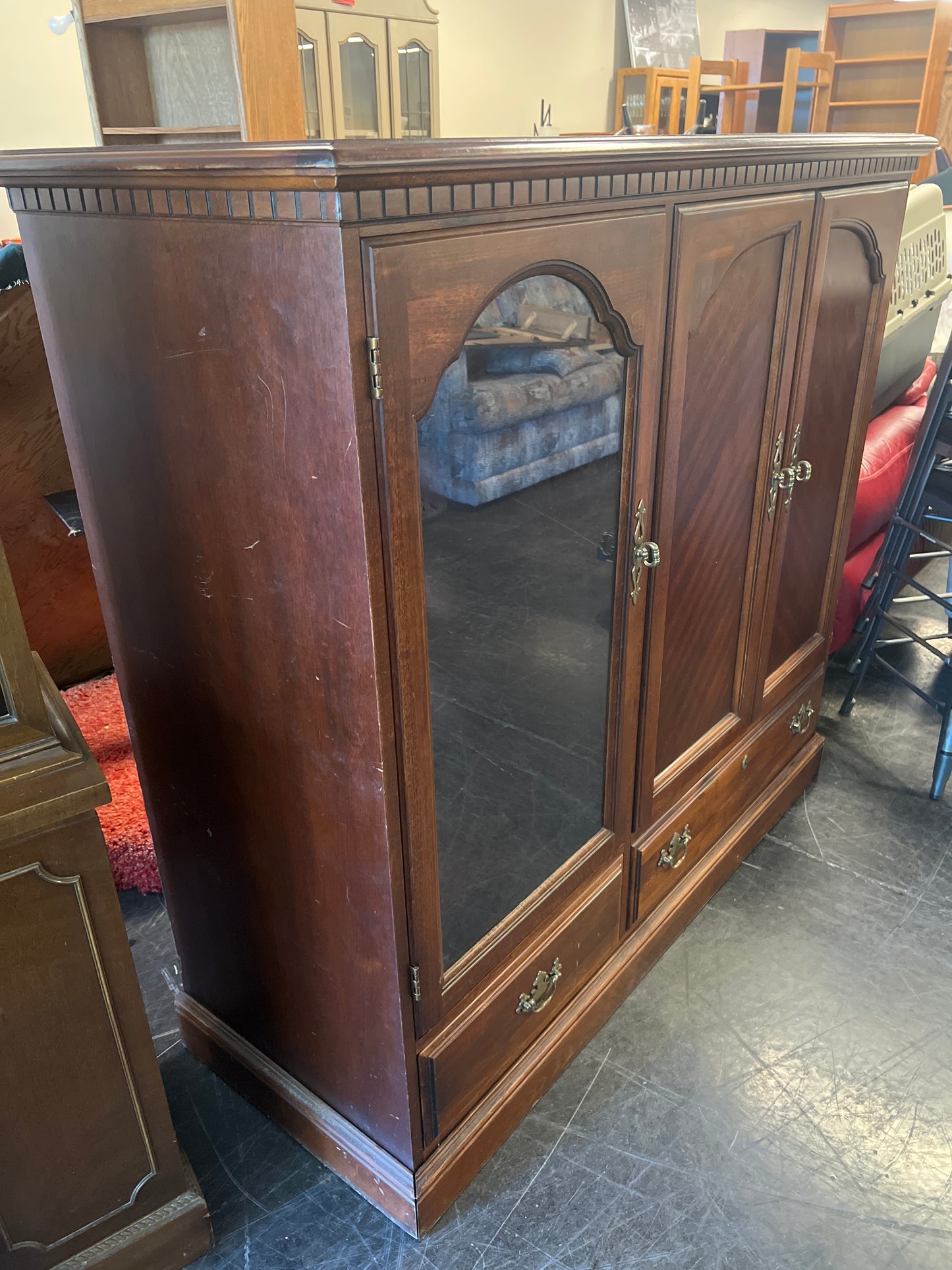 Traditional Cherry Wood Entertainment Armoire with Glass Panel Door