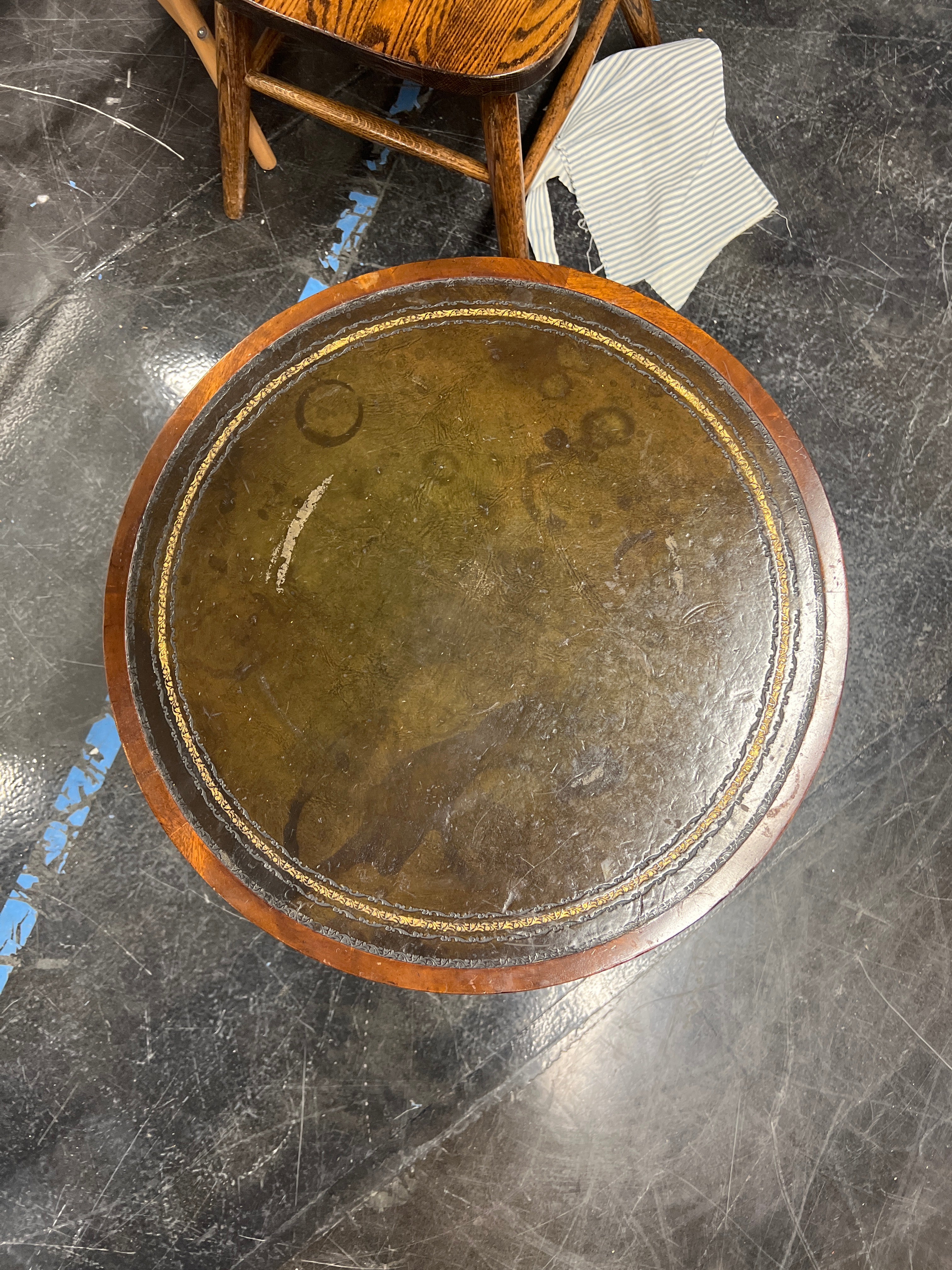 Round Wood End Table with Leather Top