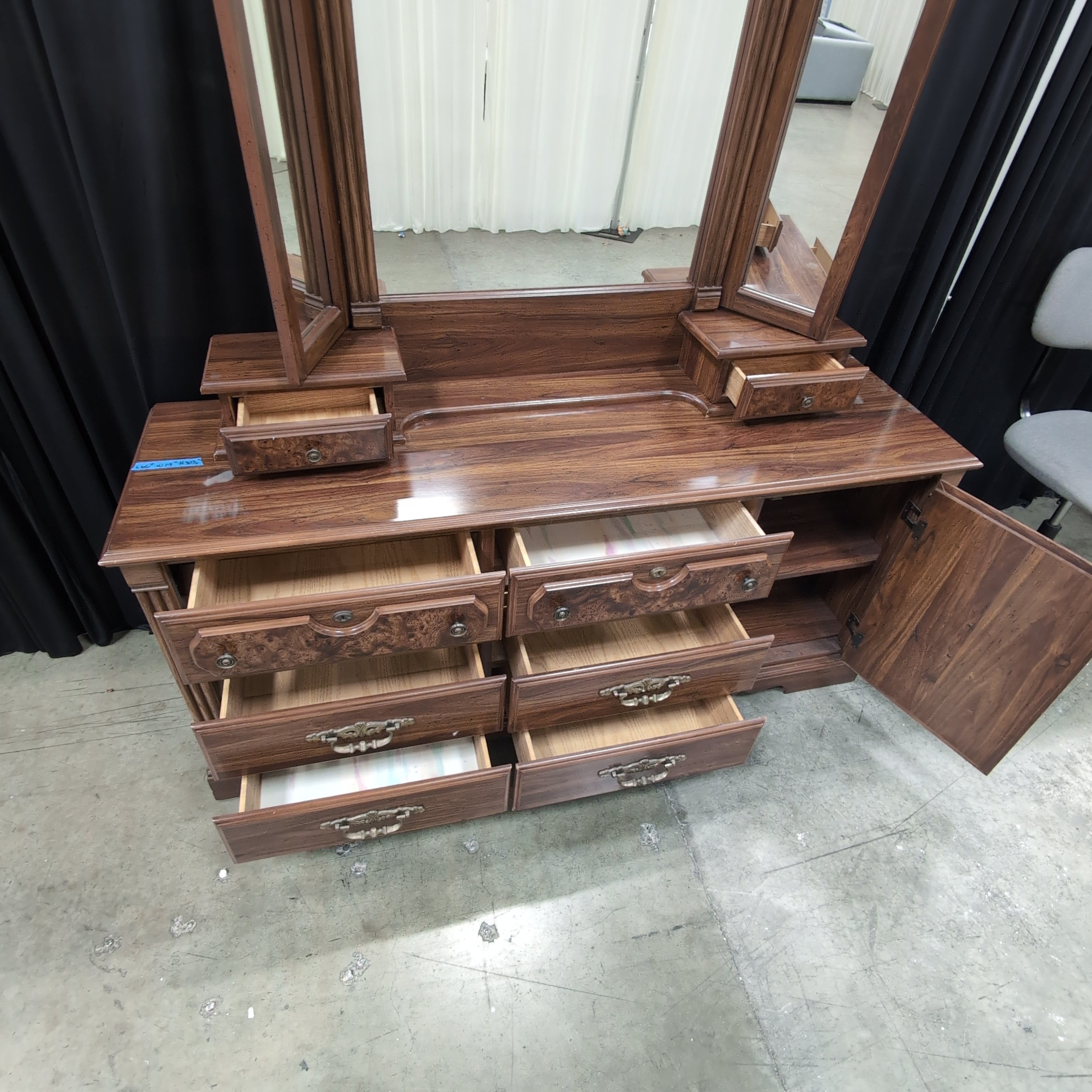 Traditional Dark Wood Dresser with Triple Mirror