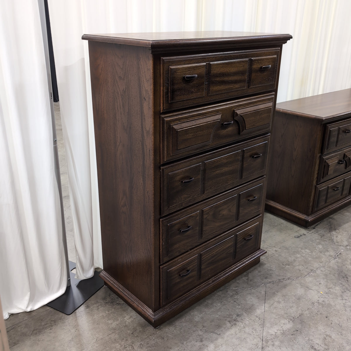 Traditional Dark Wood Five-Drawer Dresser with Raised Panels