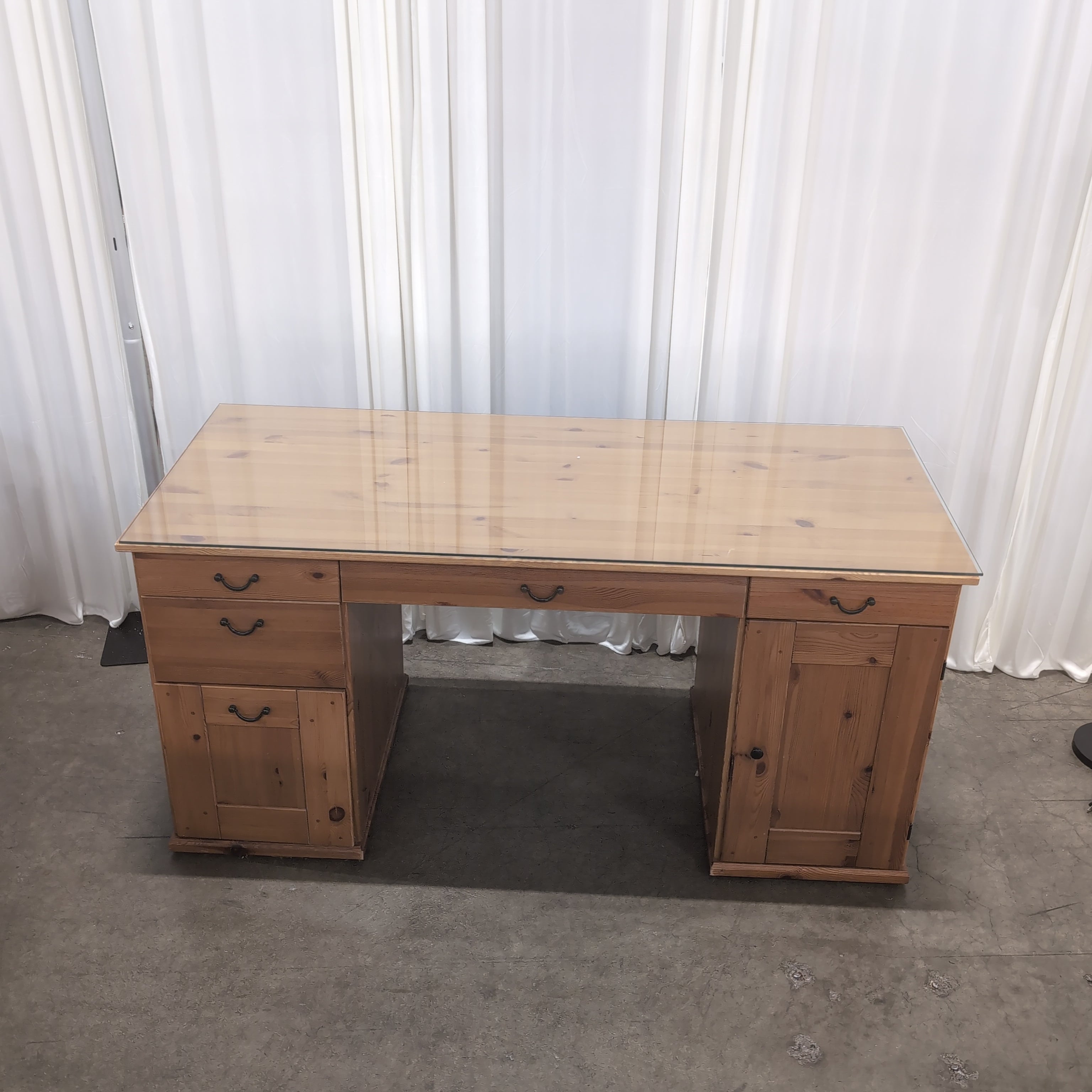 Light Wood Desk with Glass Top and Storage Drawers