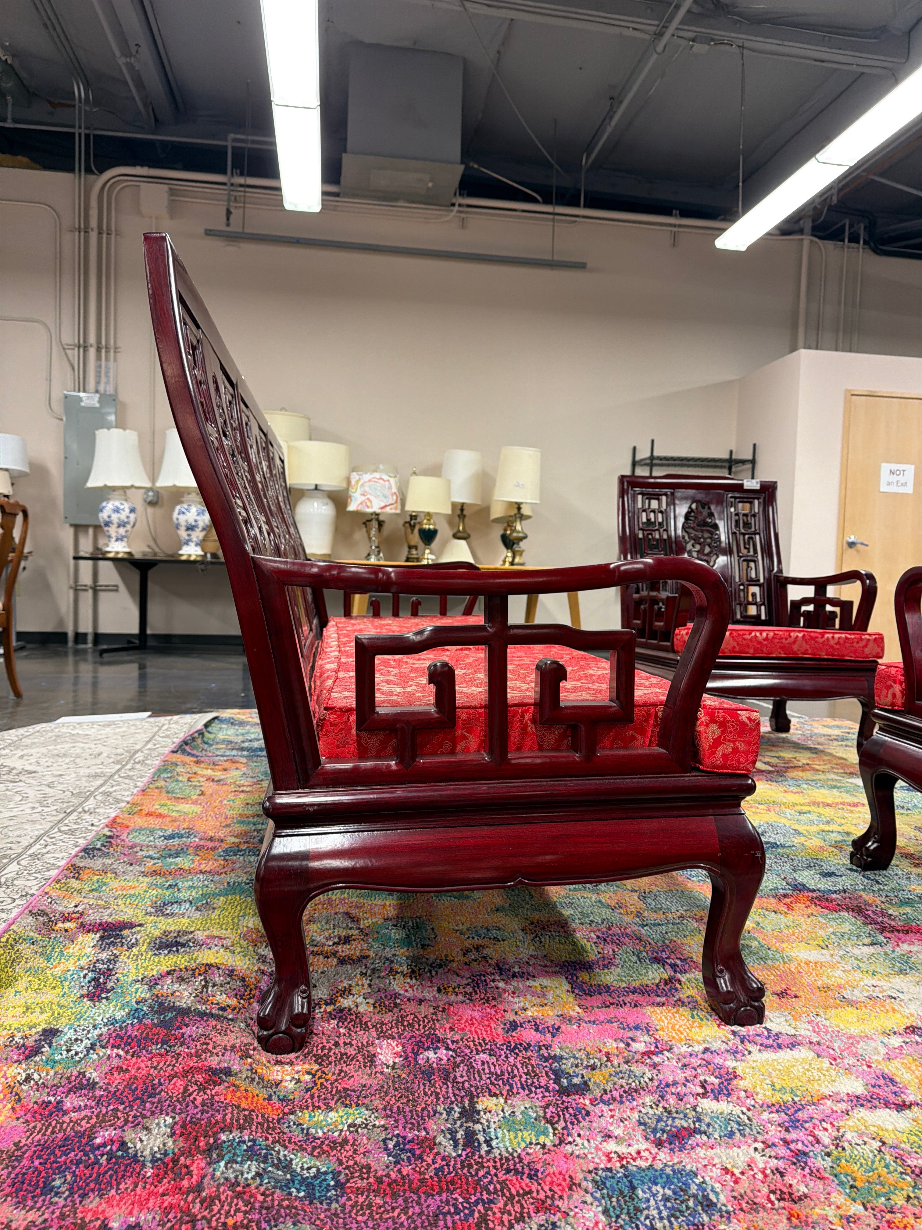 Dark Wood Asian Style Couch with Red Cushion