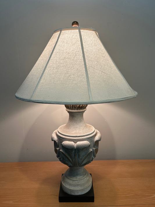 Stone-Style Urn Table Lamp with Off-White Shade