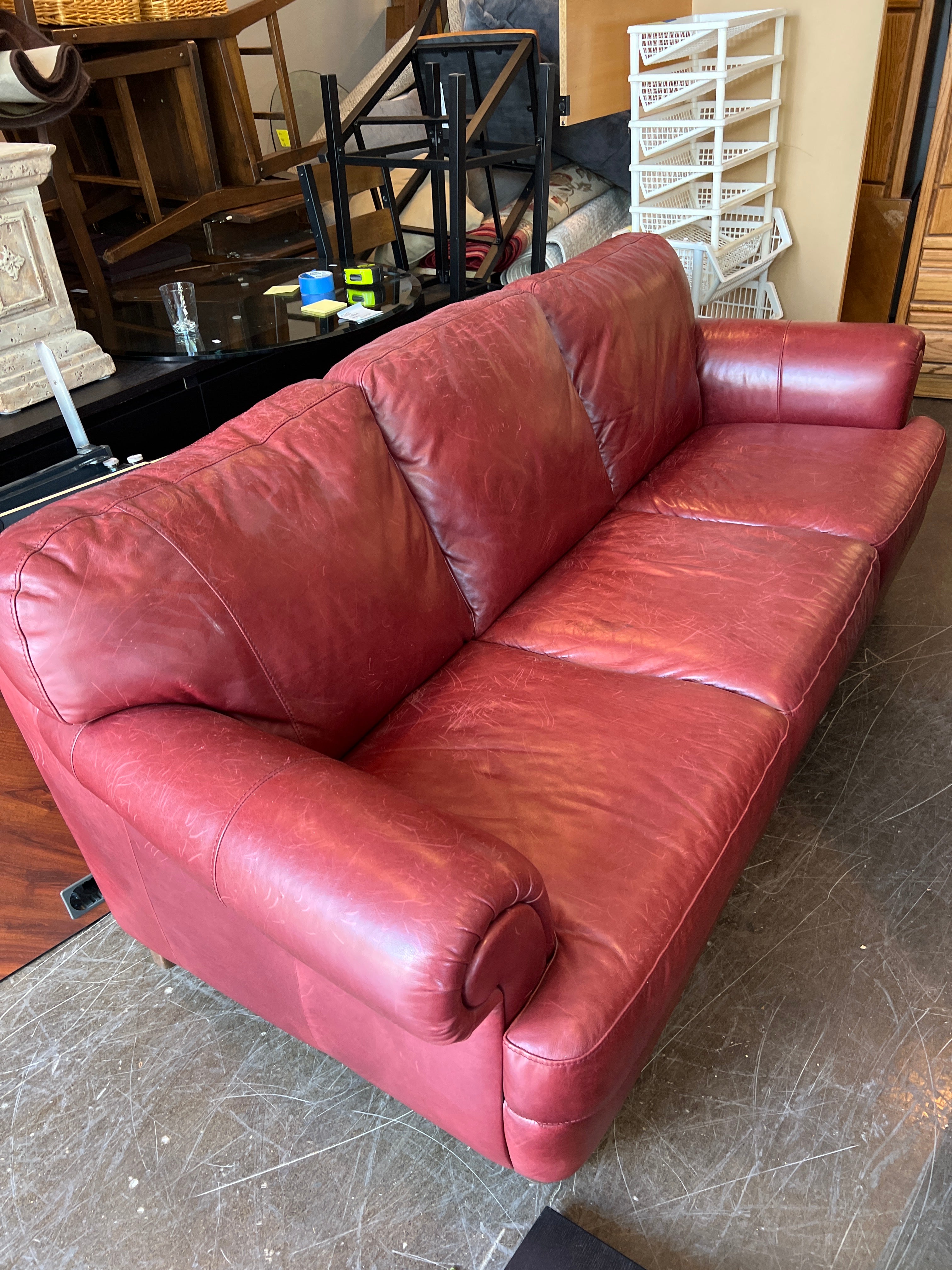Red Leather Three-Seat Sofa