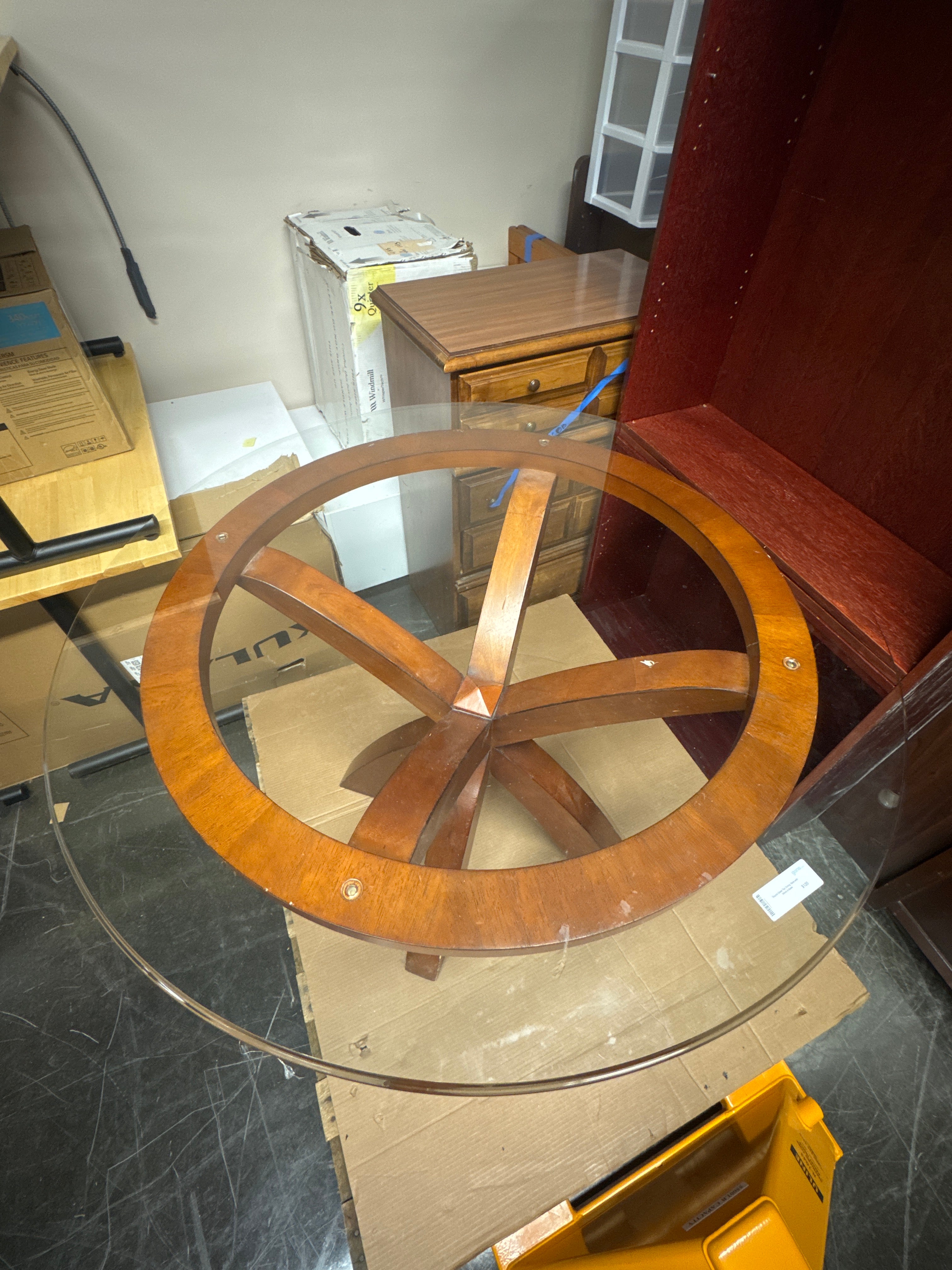 Round Glass Top Dining Table with Wood X-Base
