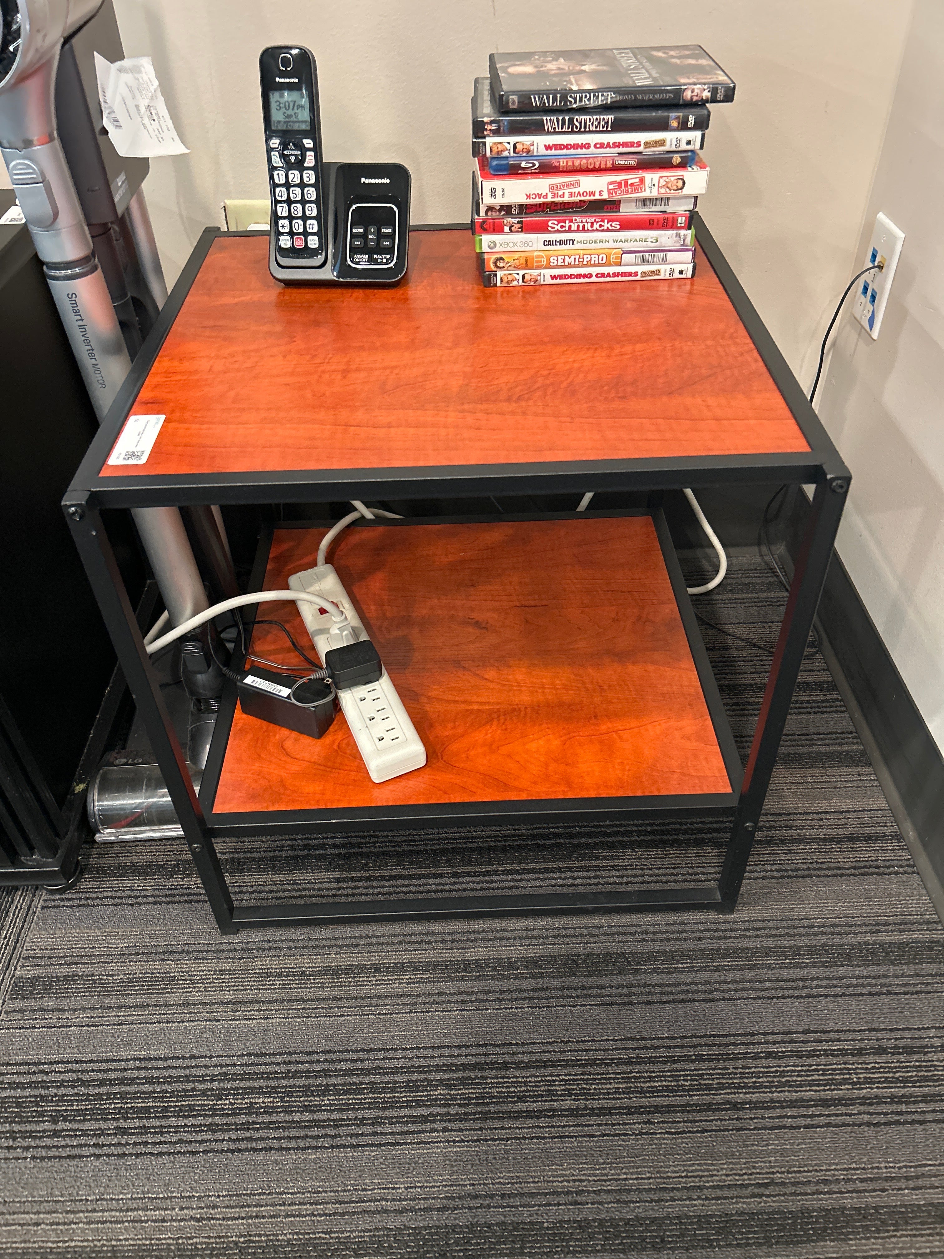 Cherry wood side table, with black metal accent