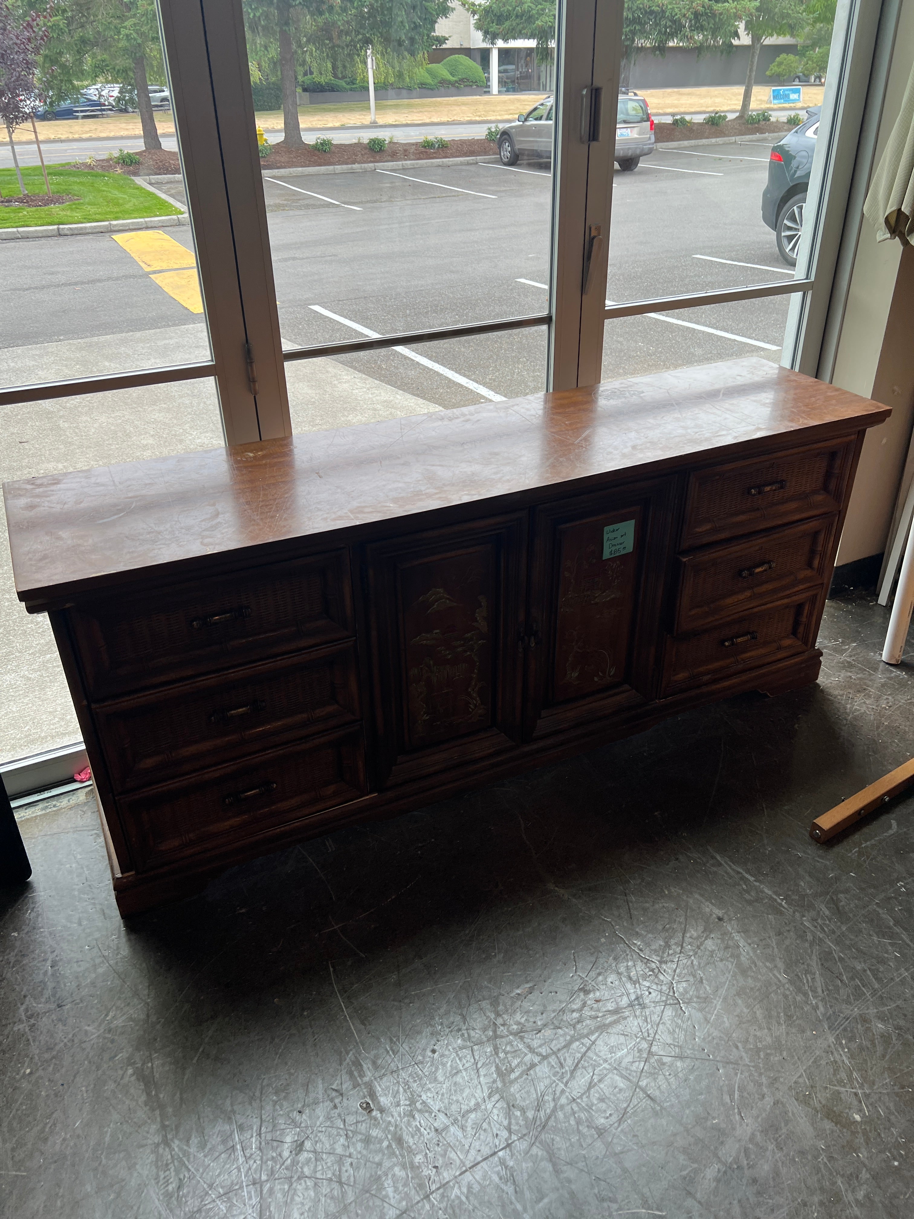 Vintage Bamboo Style Dresser with Carved Panels