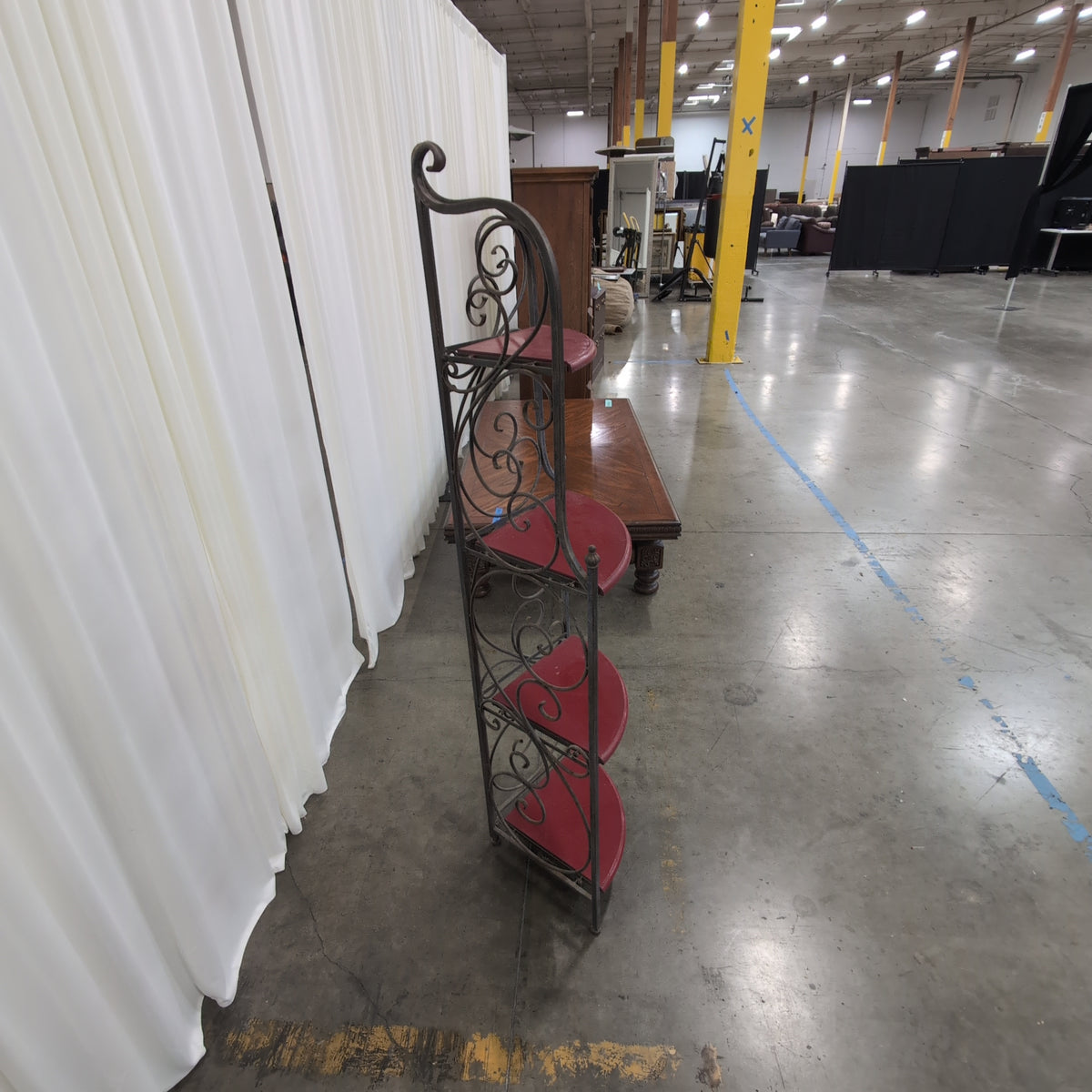 Ornate Scrolled Metal Corner Shelf with Red Shelves