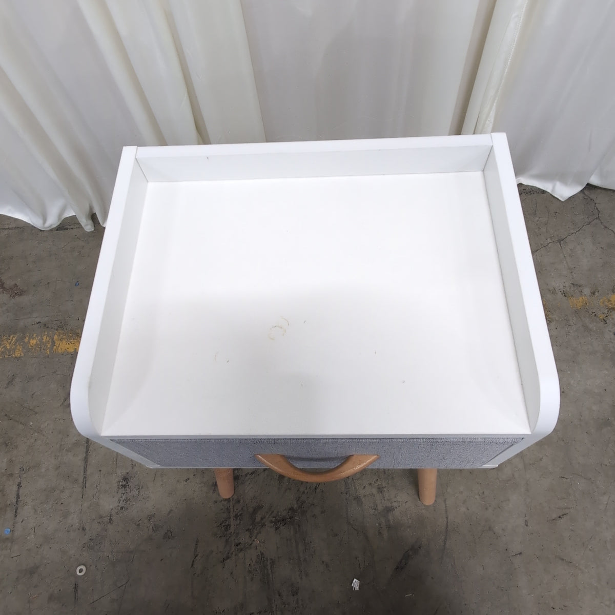 White Mid-Century Modern Nightstand with Fabric Drawer