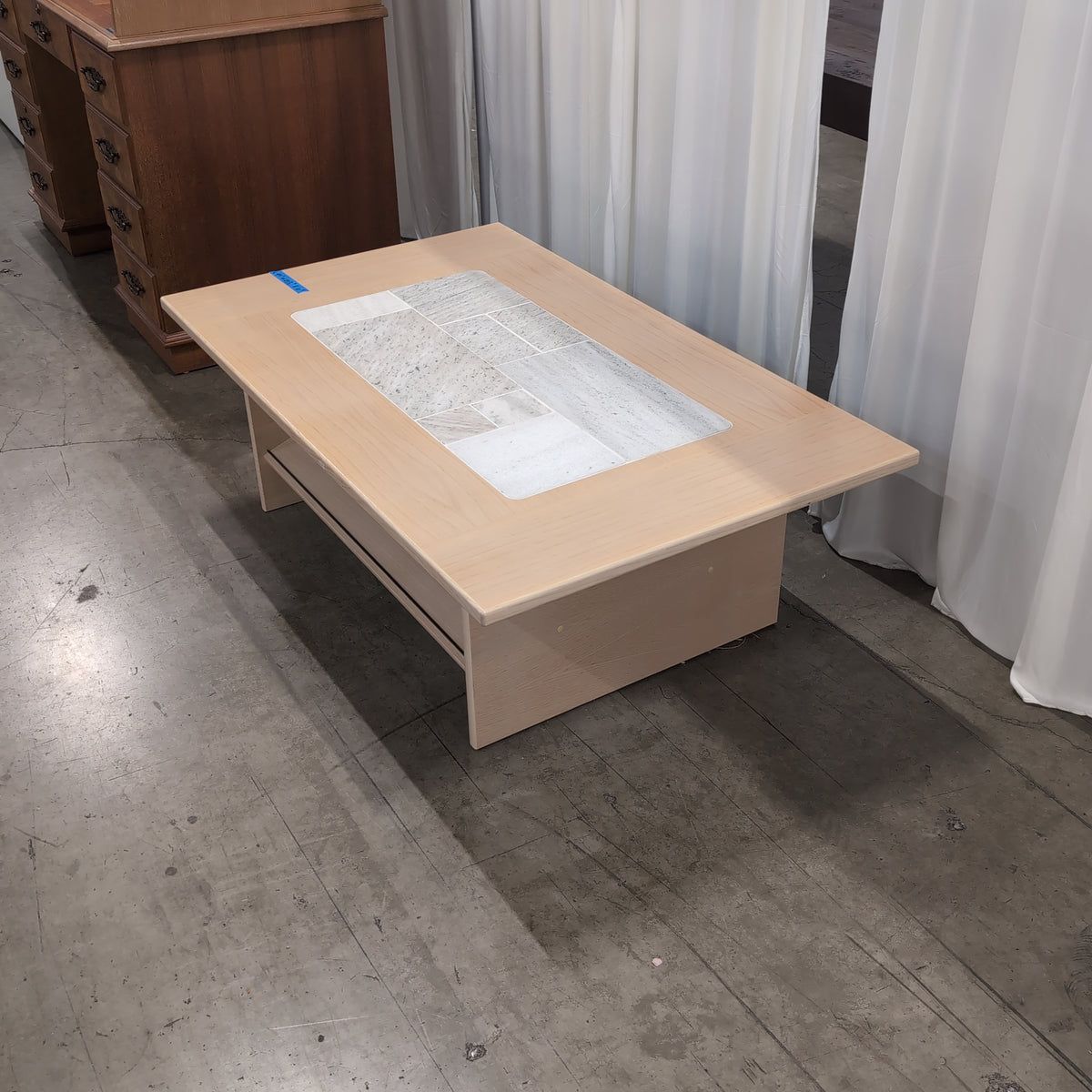 Light Wood Rectangular Coffee Table with Tile Inlay