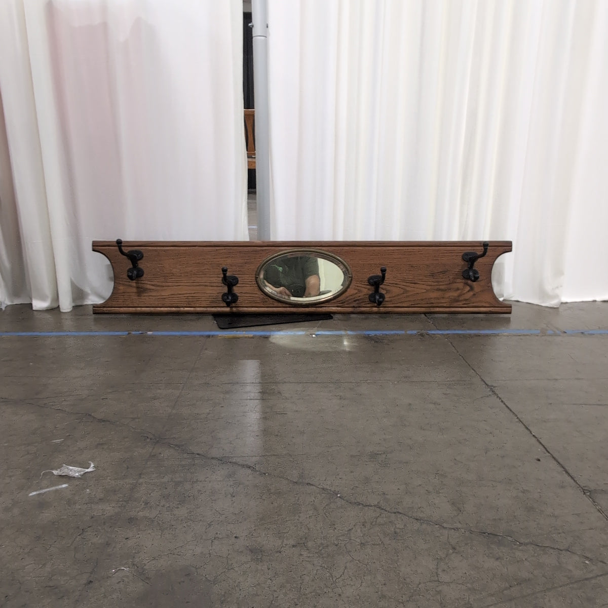 Brown Wood Wall-Mounted Coat Rack with Oval Mirror