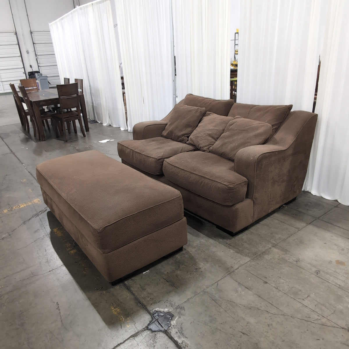 Brown Textured Fabric Couch with Matching Ottoman