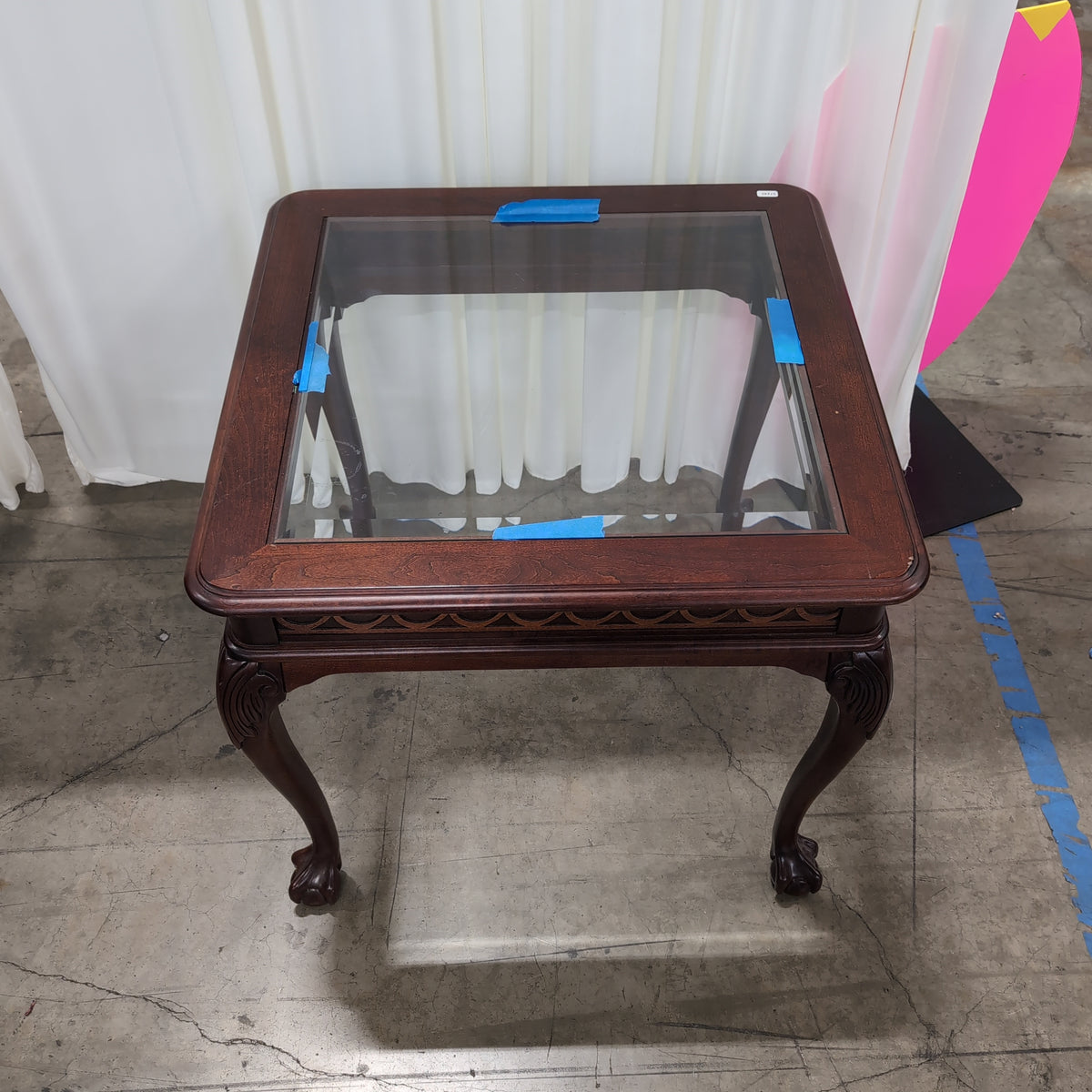 Carved Dark Wood Square End Table with Glass Top