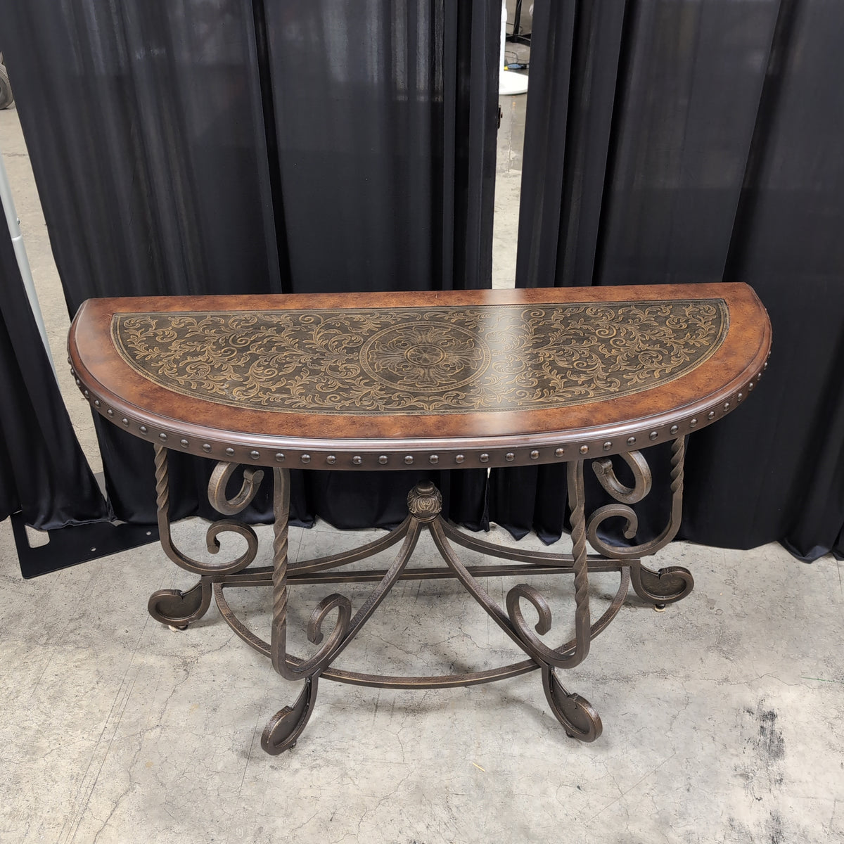Demilune Dark Wood Console Table with Ornate Metal Base