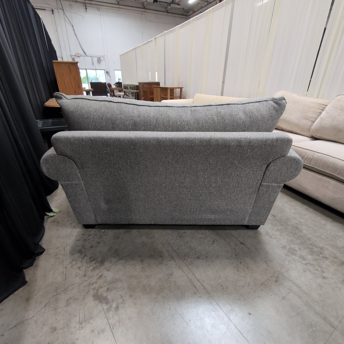 Grey Upholstered Armchair with Rolled Arms