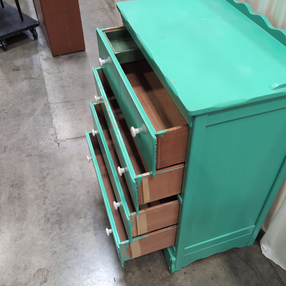 Teal Painted Wood Dresser with Scalloped Top