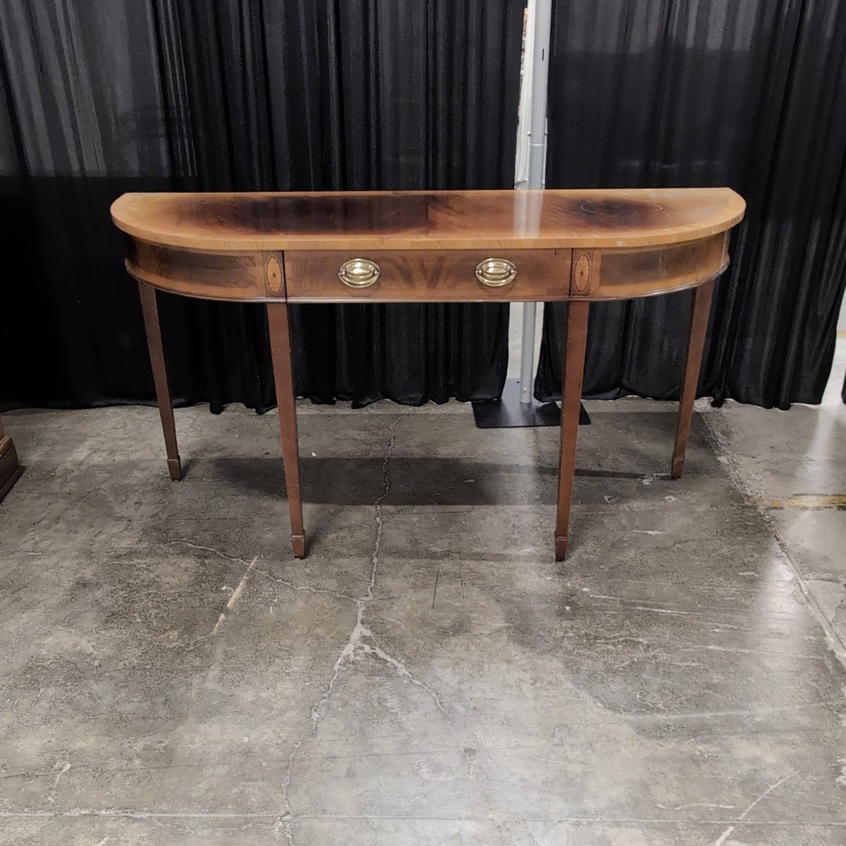 Semicircular Dark Wood Console Table with Brass Hardware