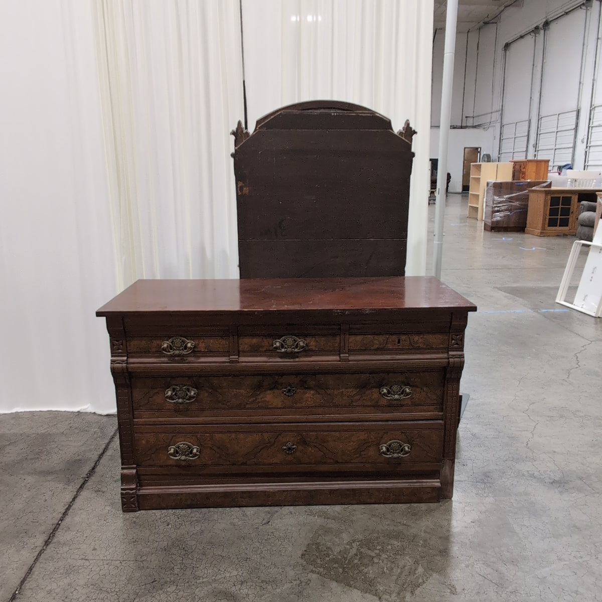 Antique Dark Wood Burl Veneer Dresser with Ornate Hardware