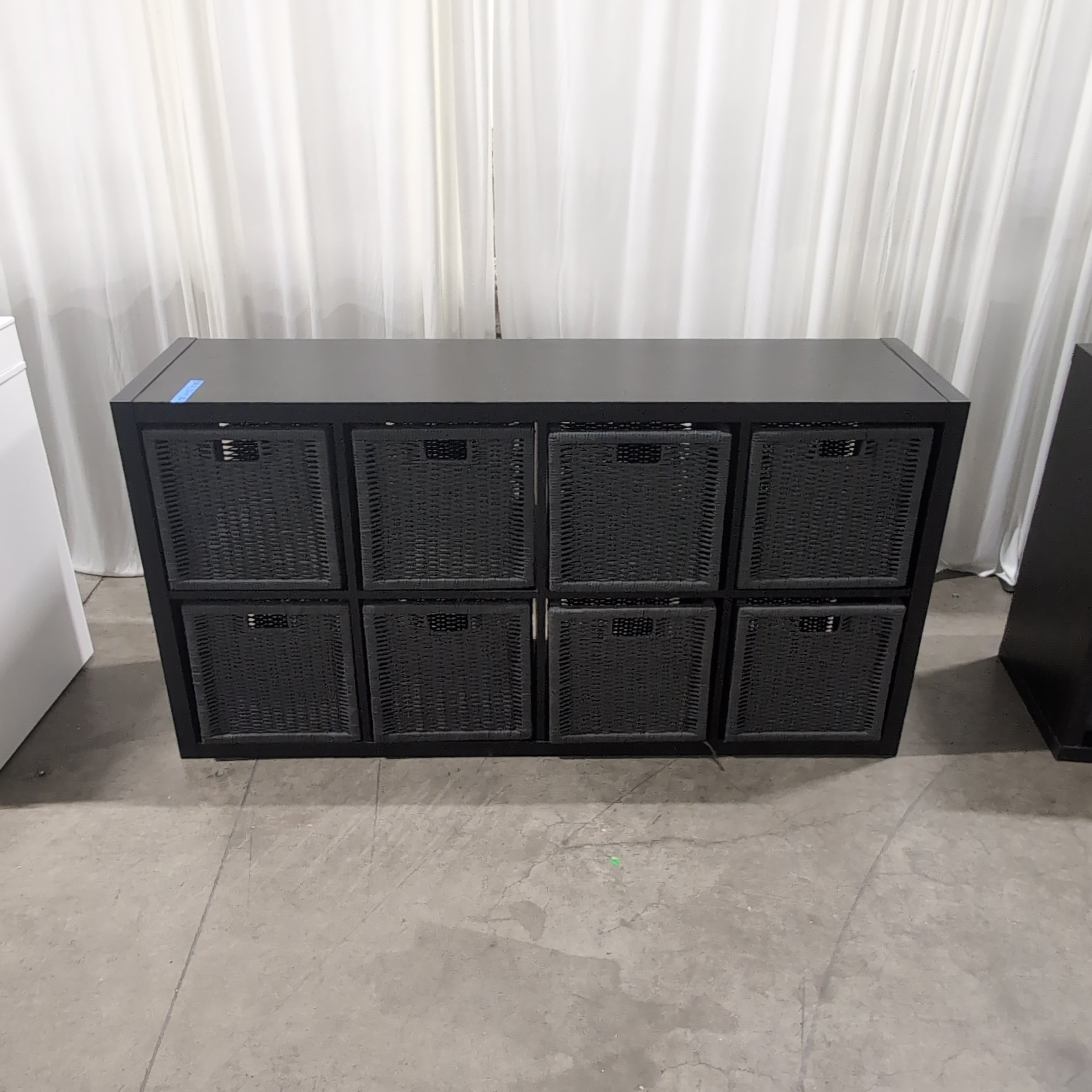 Dark Brown Eight-Cube Bookcase with Grey Baskets
